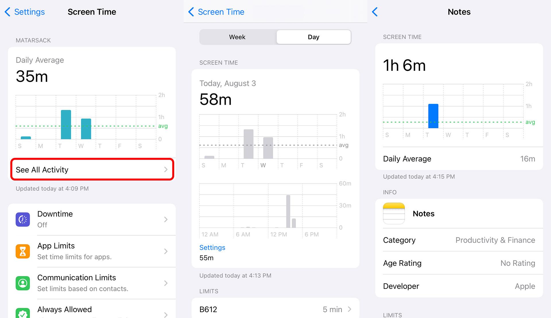 گزارش استفاده از گوشی در Screen Time آیفون
