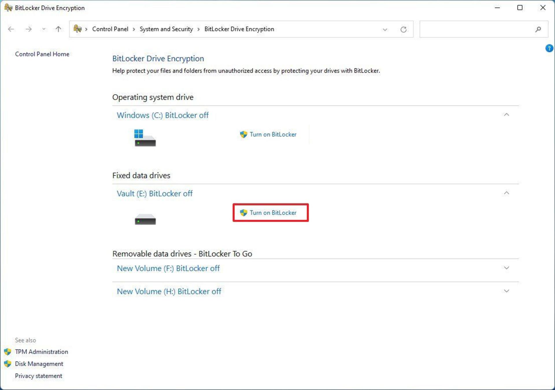فعال کردن BitLocker در ویندوز 11