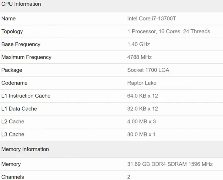 مشخصات پردازنده Core i7-13700T اینتل
