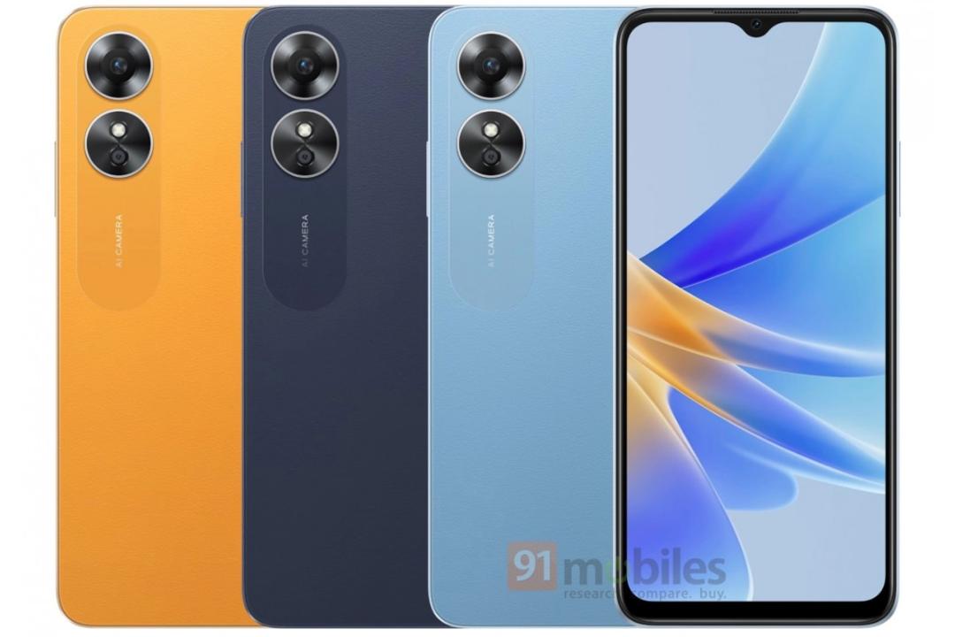 رندر فاش شده گوشی اوپو Oppo A17 رنگ بندی آبی و زرد و مشکی