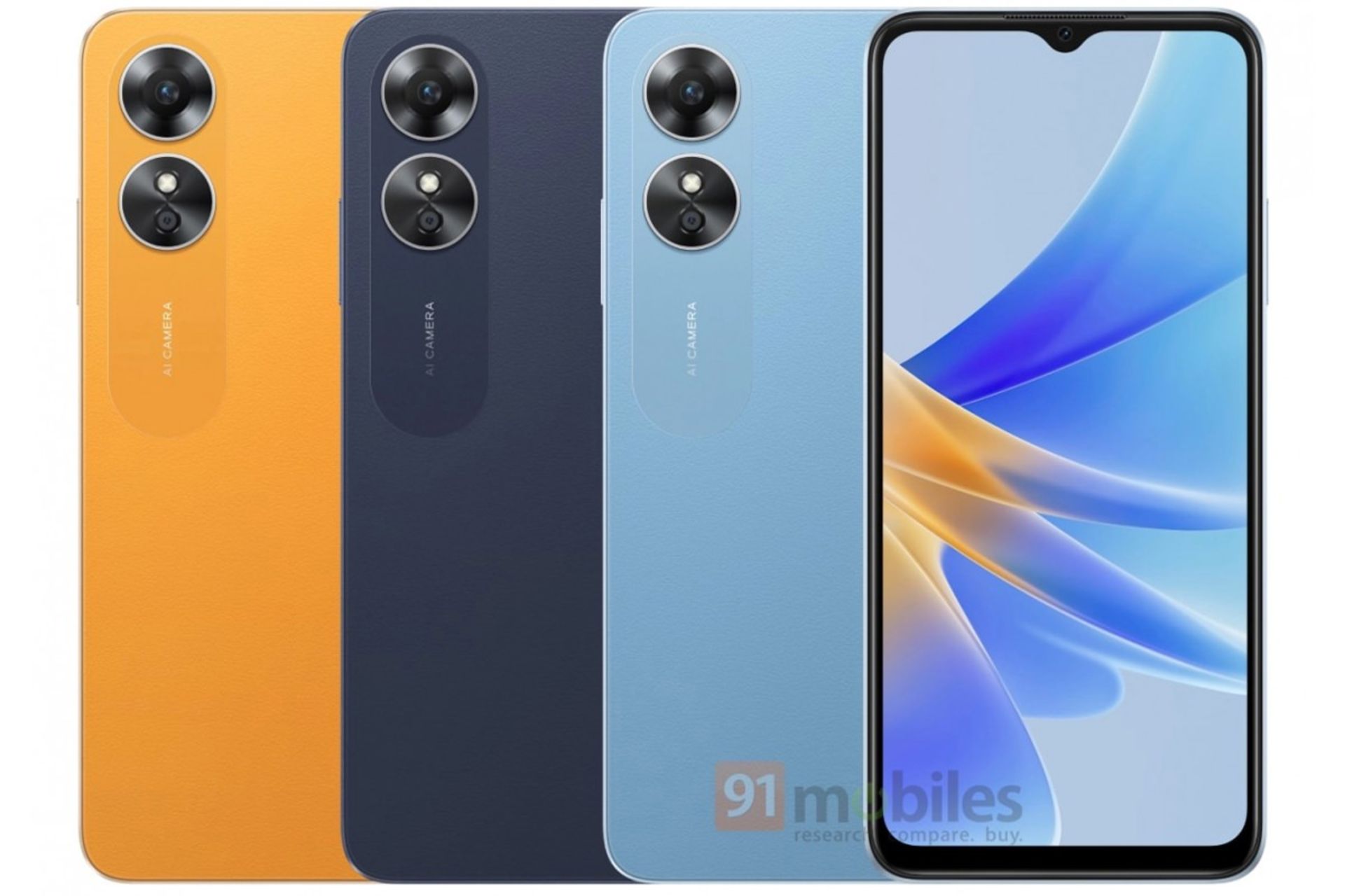 رندر فاش شده گوشی اوپو Oppo A17 رنگ بندی آبی و زرد و مشکی