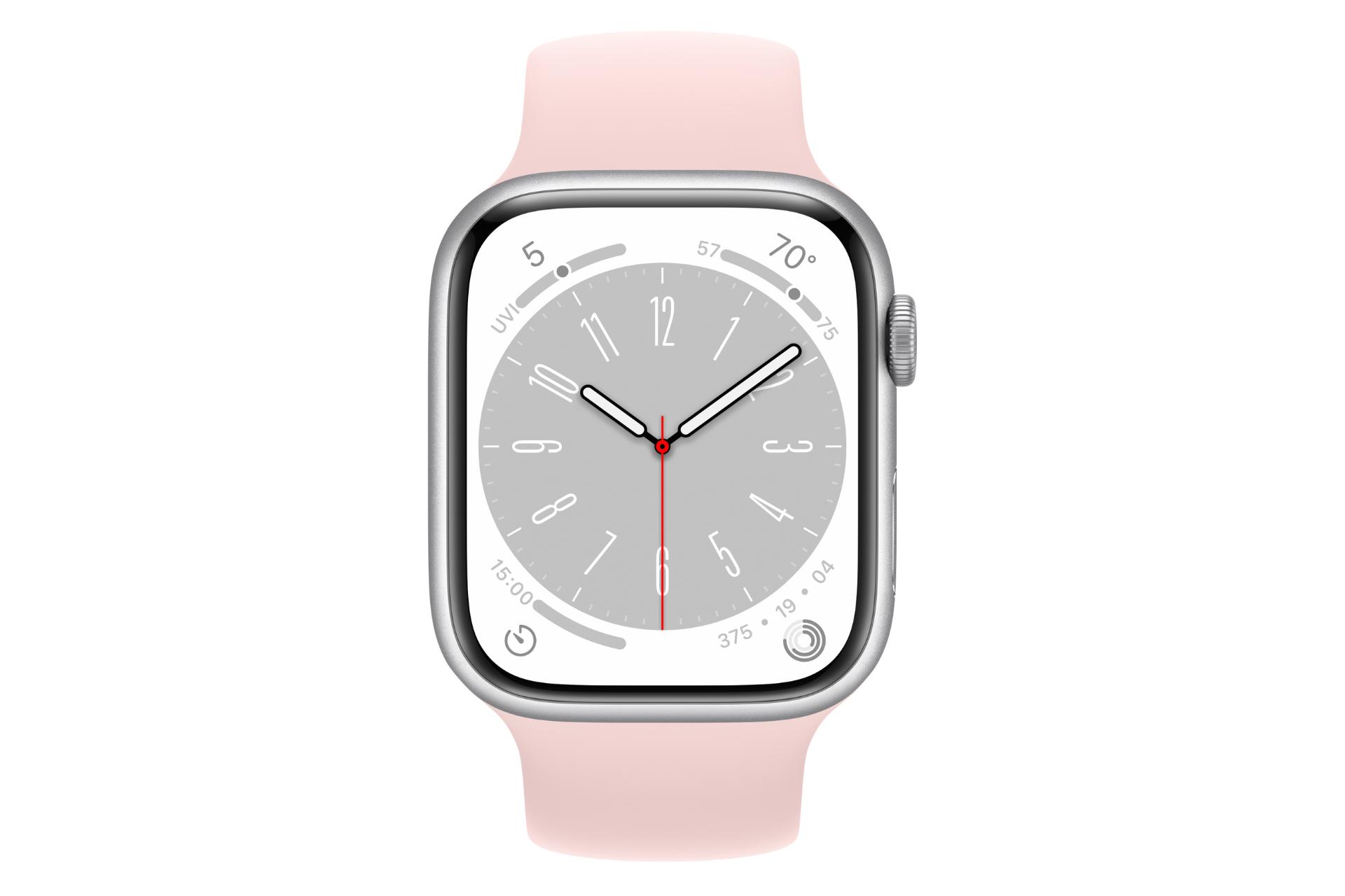نمای روبرو اپل واچ سری 8 آلومینیوم مدل 41 میلی‌متری / Apple Watch Series 8 41mm Aluminum نقره ای