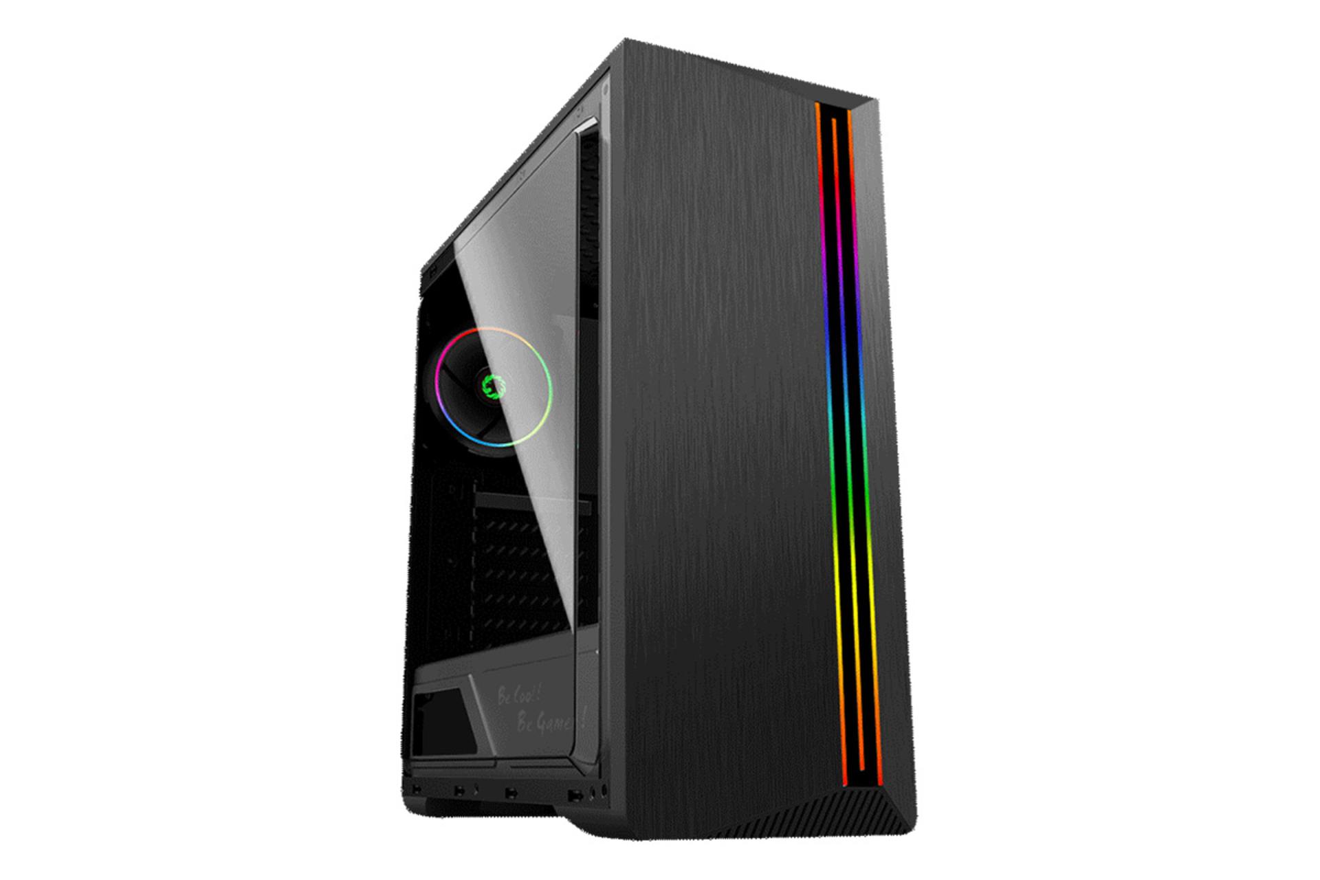 نمای نیم رخ جلو و درب شیشه ای سمت چپ کیس کامپیوتر گیم مکس Shine G517