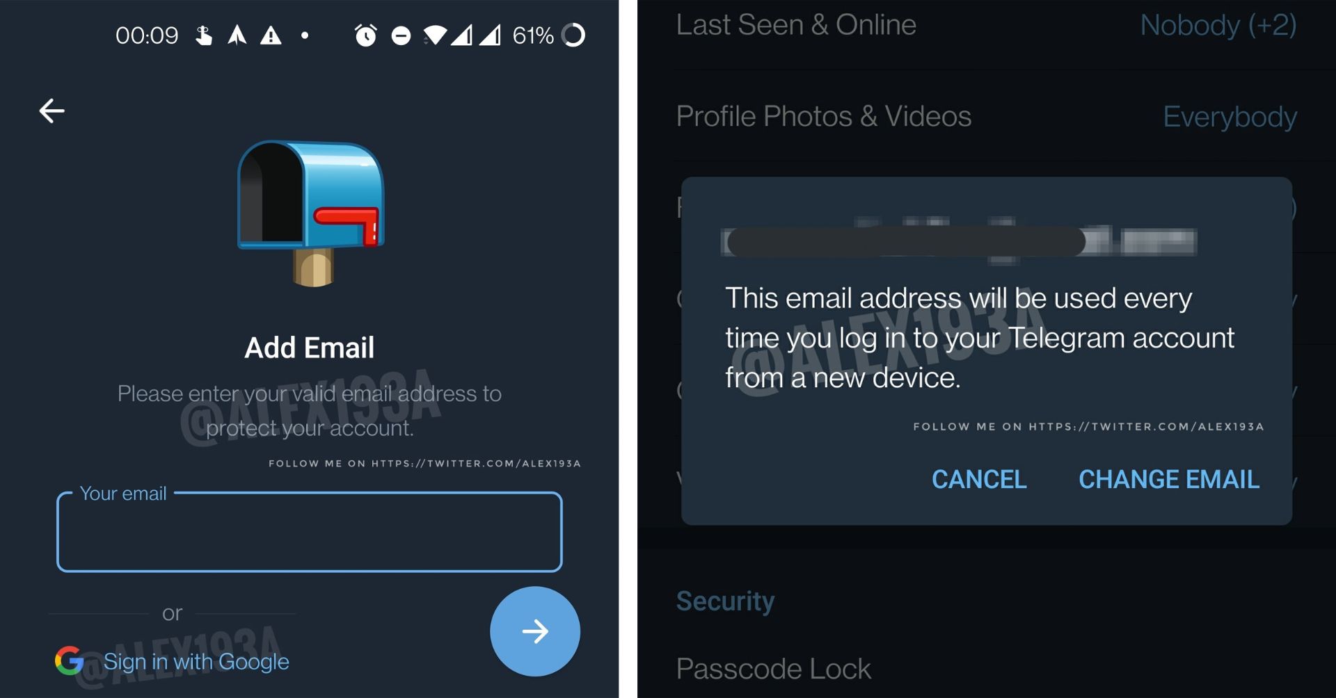 اسکرین شات تنظیمات اضافه کردن ایمیل به اکانت تلگرام Telegram