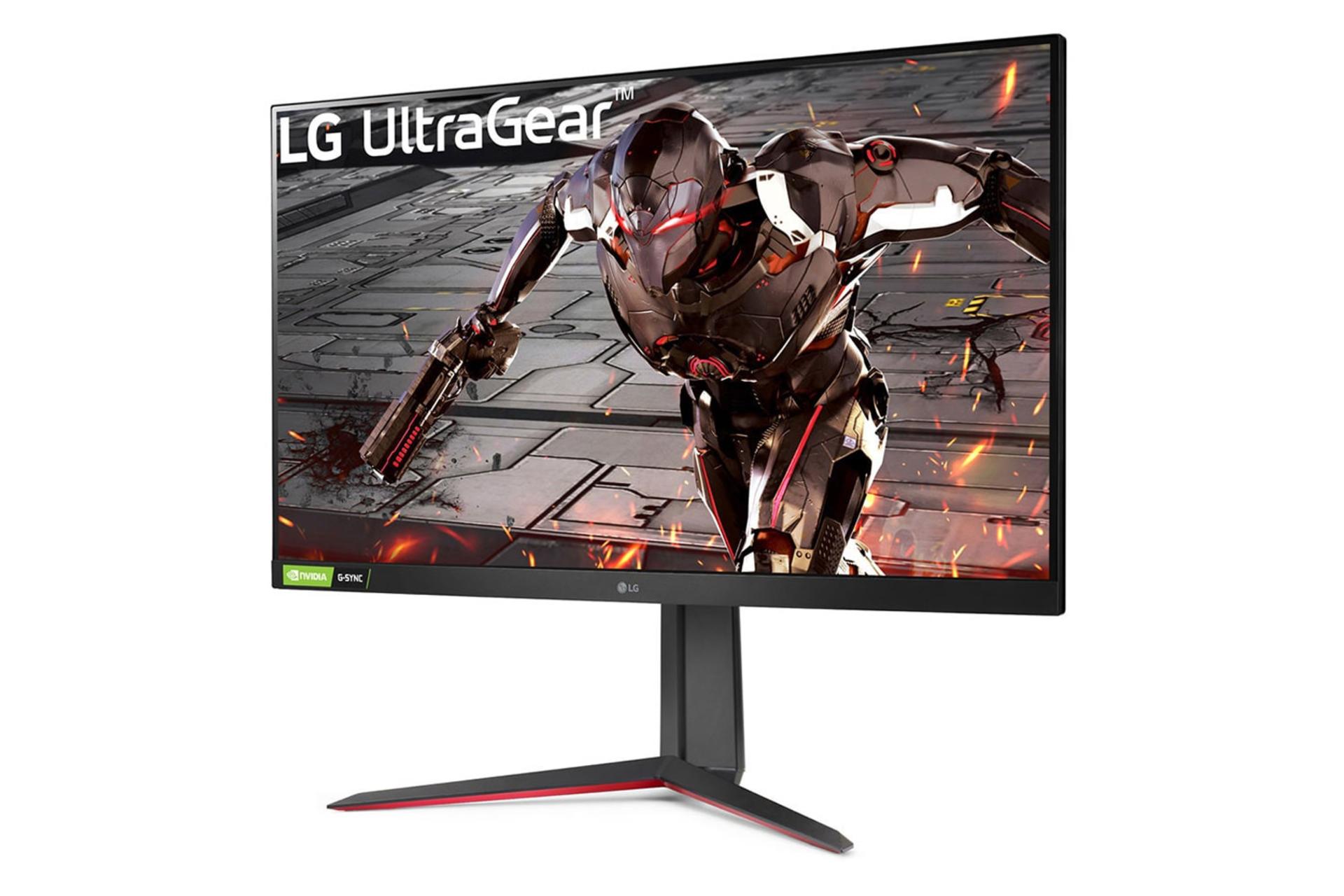 نمای نیم رخ جلو و سمت راست مانیتور ال جی 31.5 اینچ مدل 32GN650 