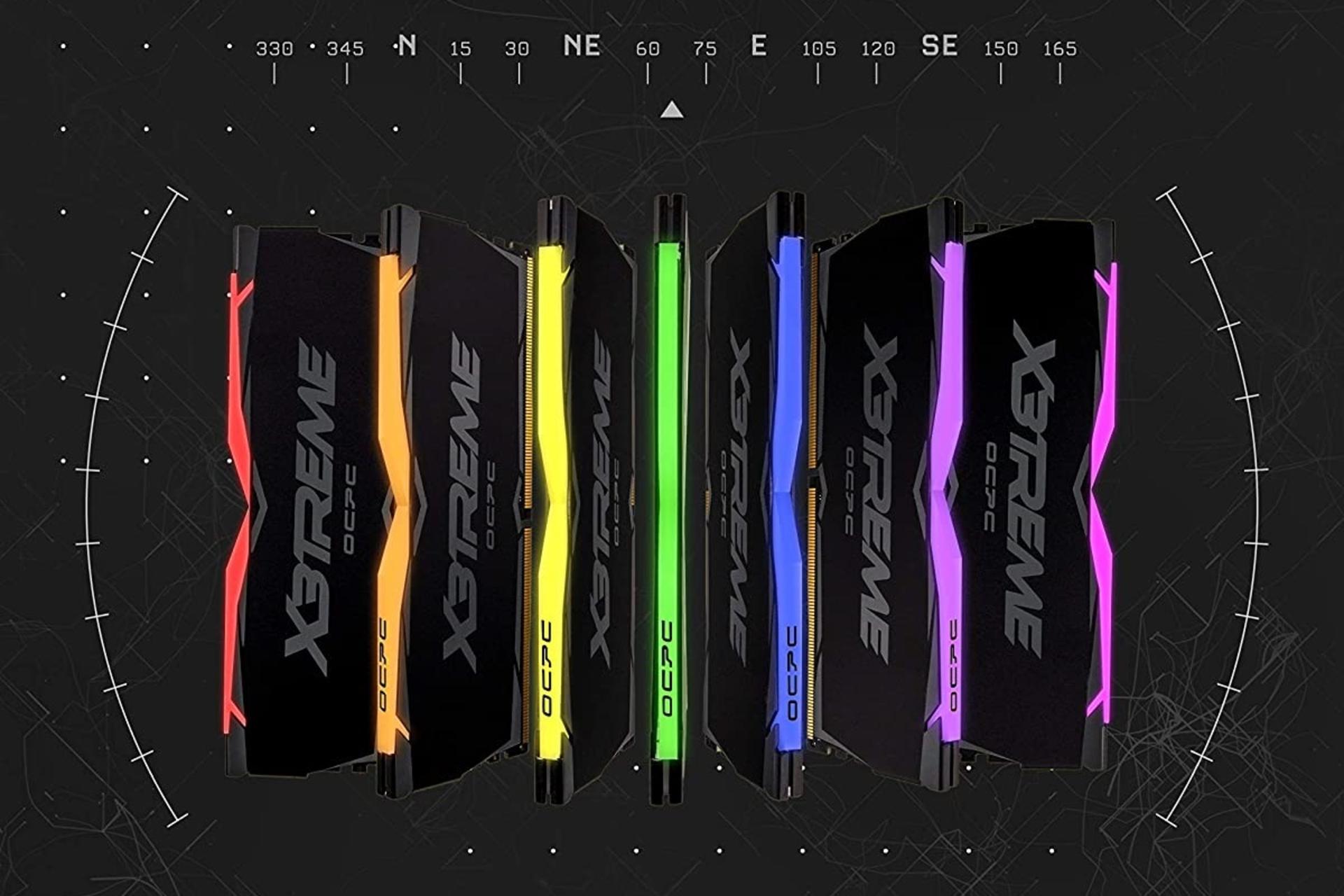 نمایش نورهای مختلف RGB رم او سی پی سی X3 RGB ظرفیت 8 گیگابایت از نوع DDR4-3600