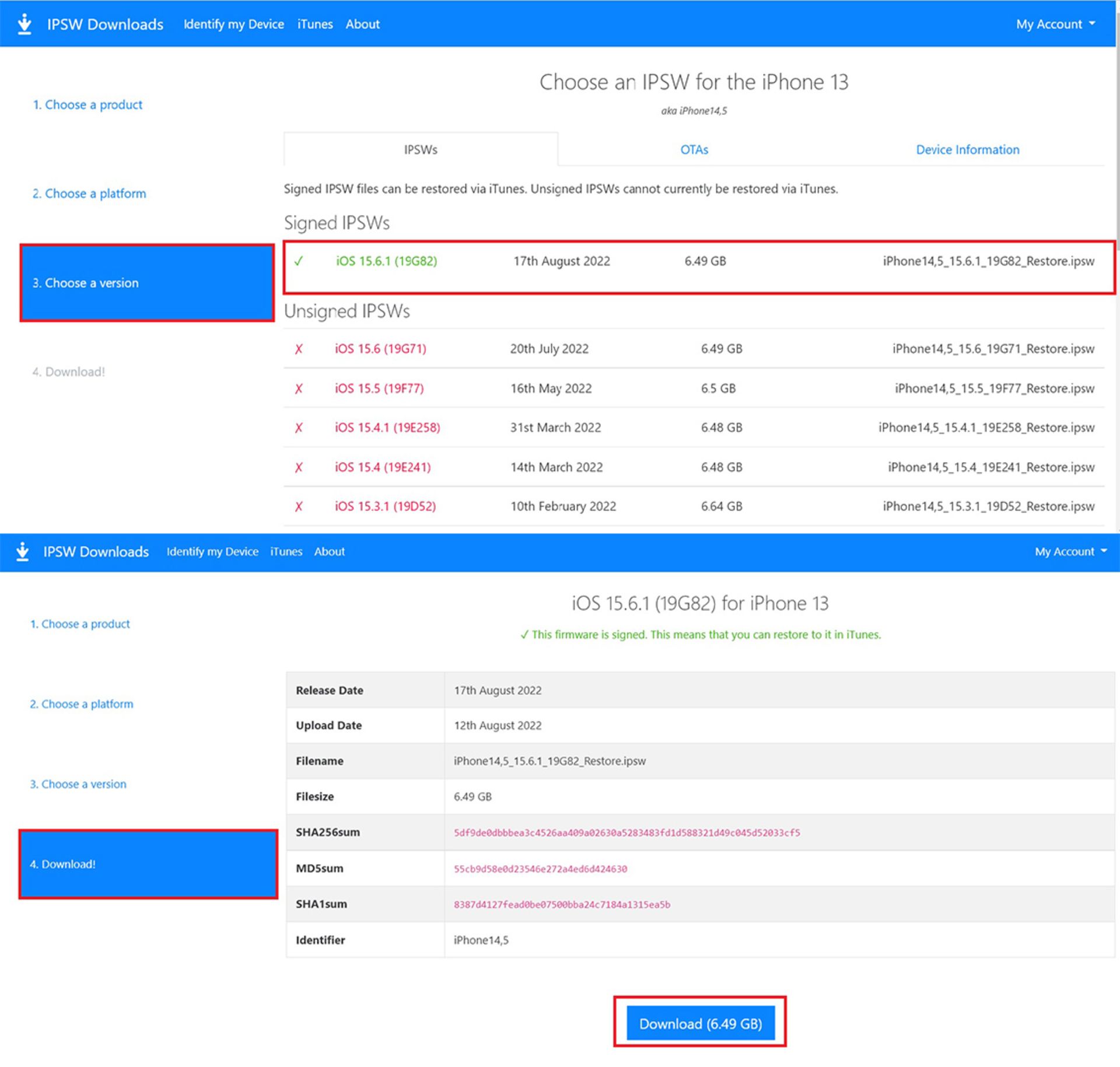 ۲- دانلود فایل IPSW برای آیفون