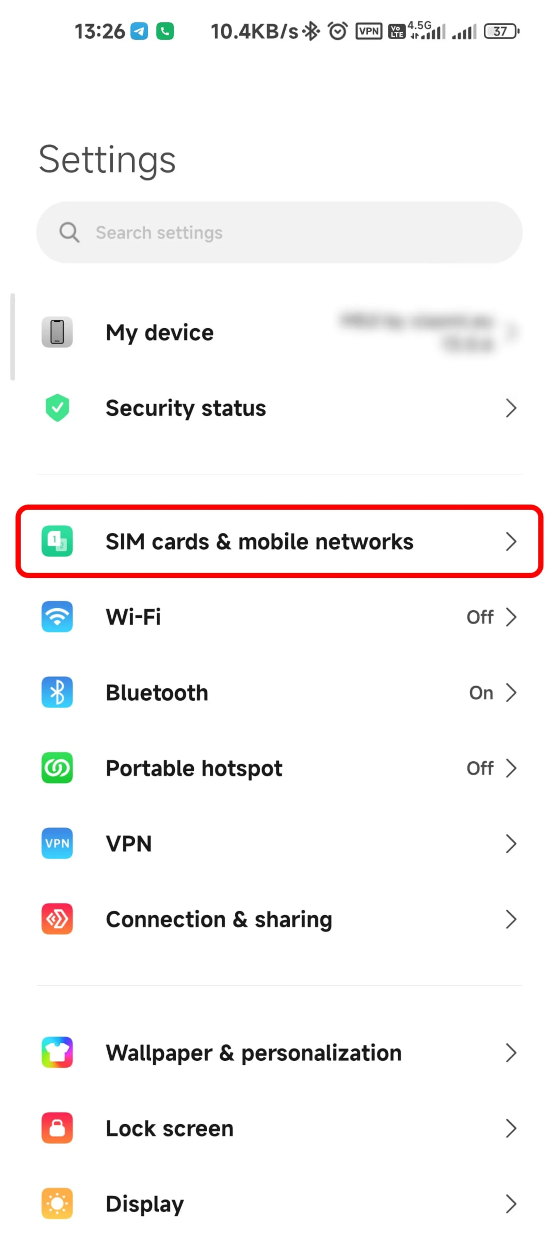انتخاب گزینه SIM cards & mobile networks