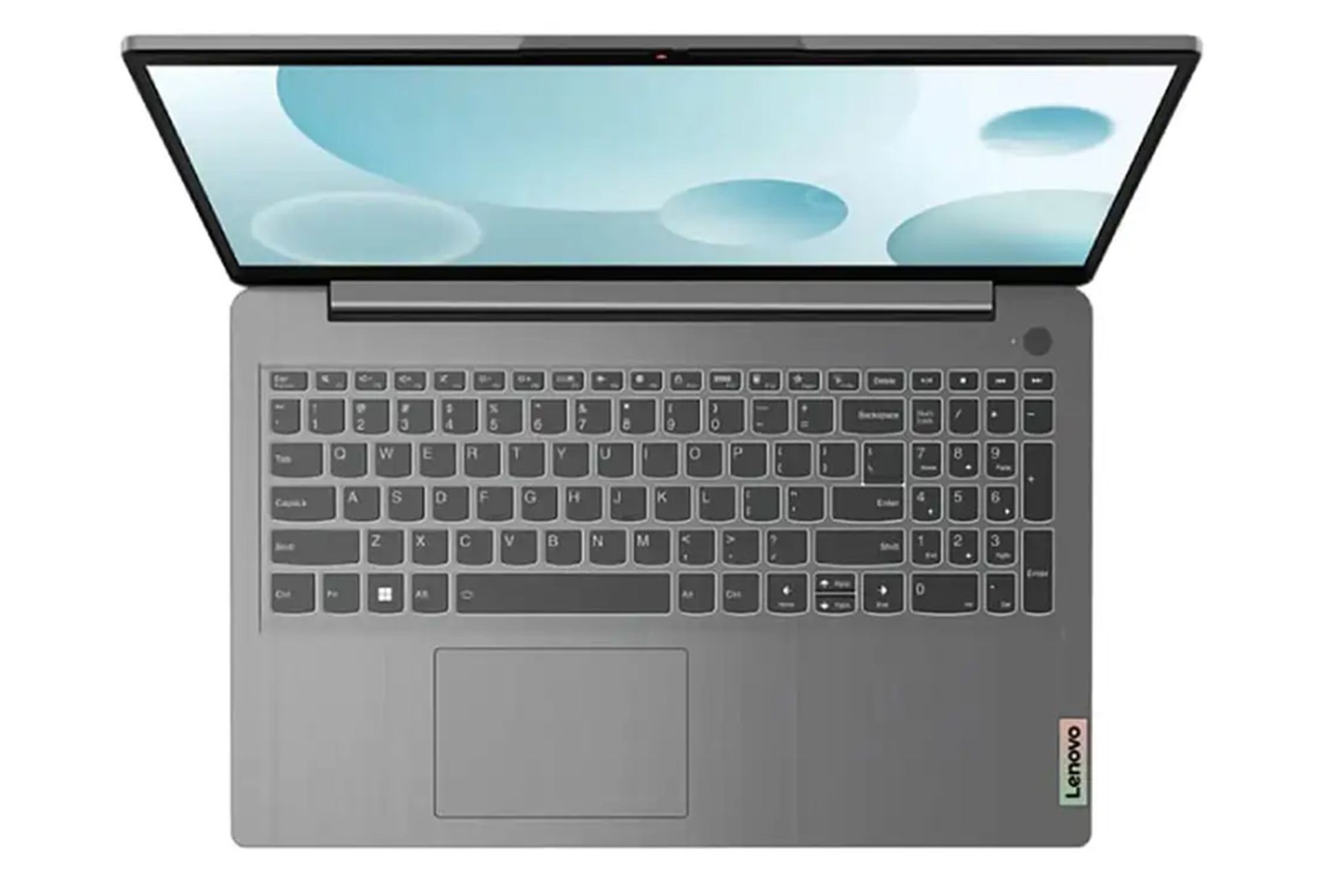 نمای بالا لپ تاپ لنوو آیدیاپد 3 با تمرکز روی کیبورد و ترک‌پد رنگ خاکستری