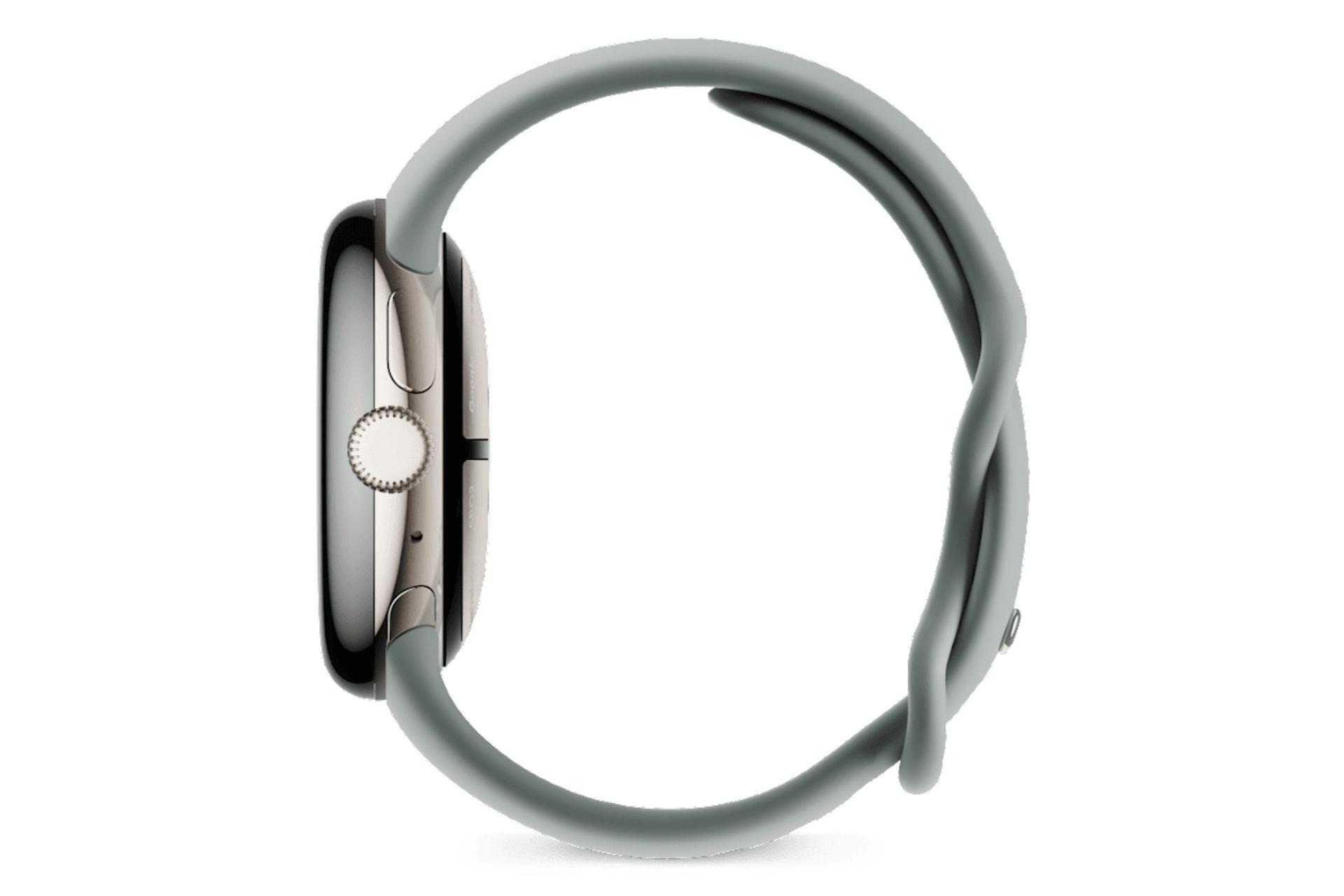نمای جانبی ساعت هوشمند پیکسل واچ 2 گوگل / Google Pixel Watch 2 بدنه طلایی روشن با بند خاکستری
