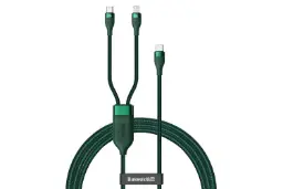 کابل شارژ USB باسئوس Type-C به Type-C+Lightning مدل Flash 2-in-1 100W با طول 1.2 متر سبز