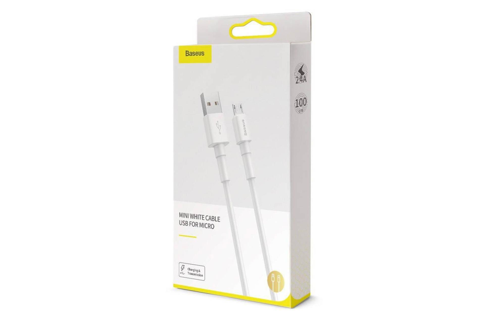 جعبه کابل شارژ USB باسئوس USB به Micro-USB مدل 2.4A Mini White با طول 1 متر