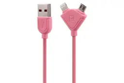 کابل شارژ USB ریمکس USB به Micro-USB+Lightning مدل Souffle RC-031t 2in1 با طول 1 متر صورتی