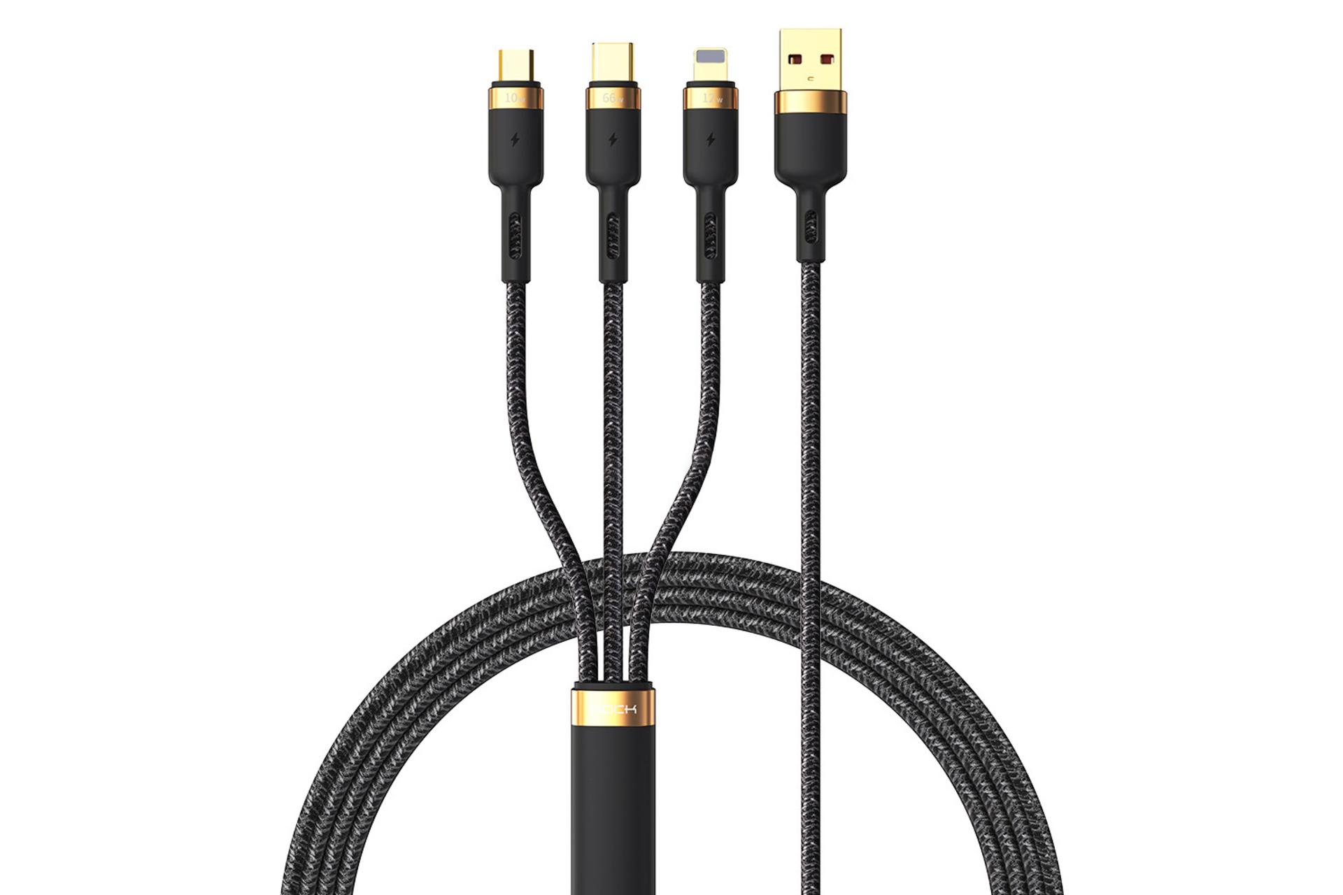 کابل شارژ USB راک USB به Type-C+Micro-USB+Lightning مدل G18 RCB0816 3in1 با طول 1.2 متر مشکی