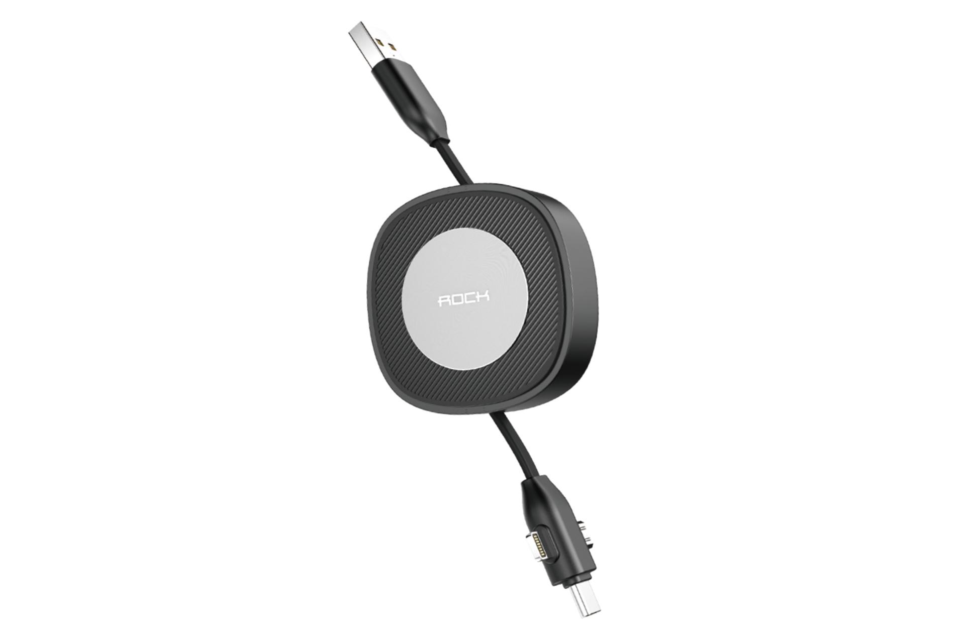 کابل شارژ USB راک USB به Type-C+Micro-USB+Lightning مدل G3 Retractable RCB0792 3in1 با طول 1 متر مشکی