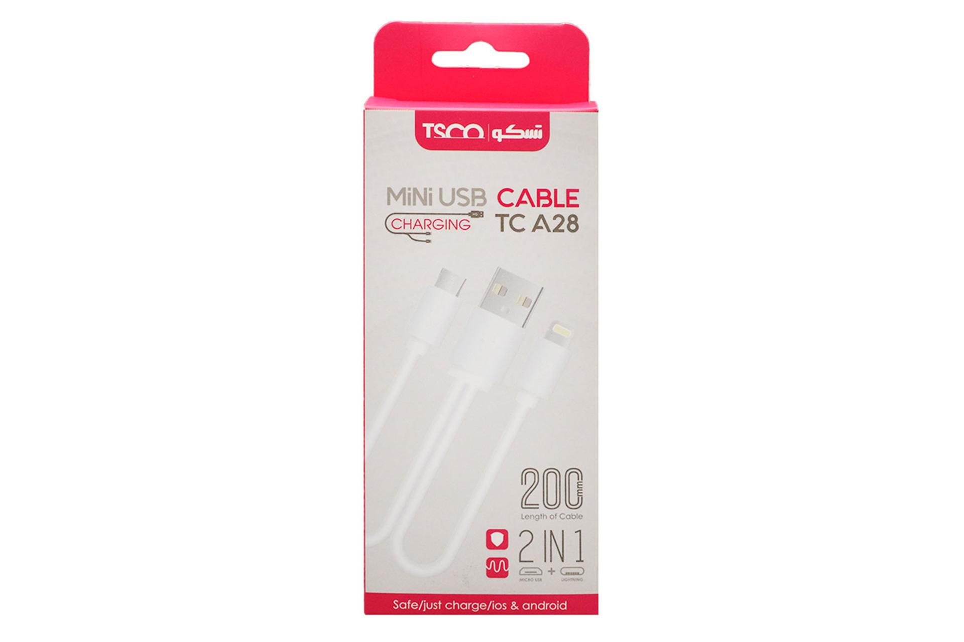 جعبه کابل شارژ USB تسکو USB به Micro-USB+Lightning مدل TC A28 2in1 با طول 0.2 متر