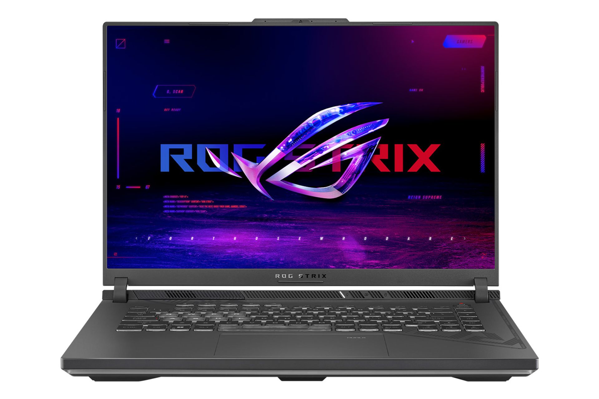 نمای روبه‌روی لپ تاپ ایسوس ASUS ROG Strix G16 G614JI با نمایشگر روشن