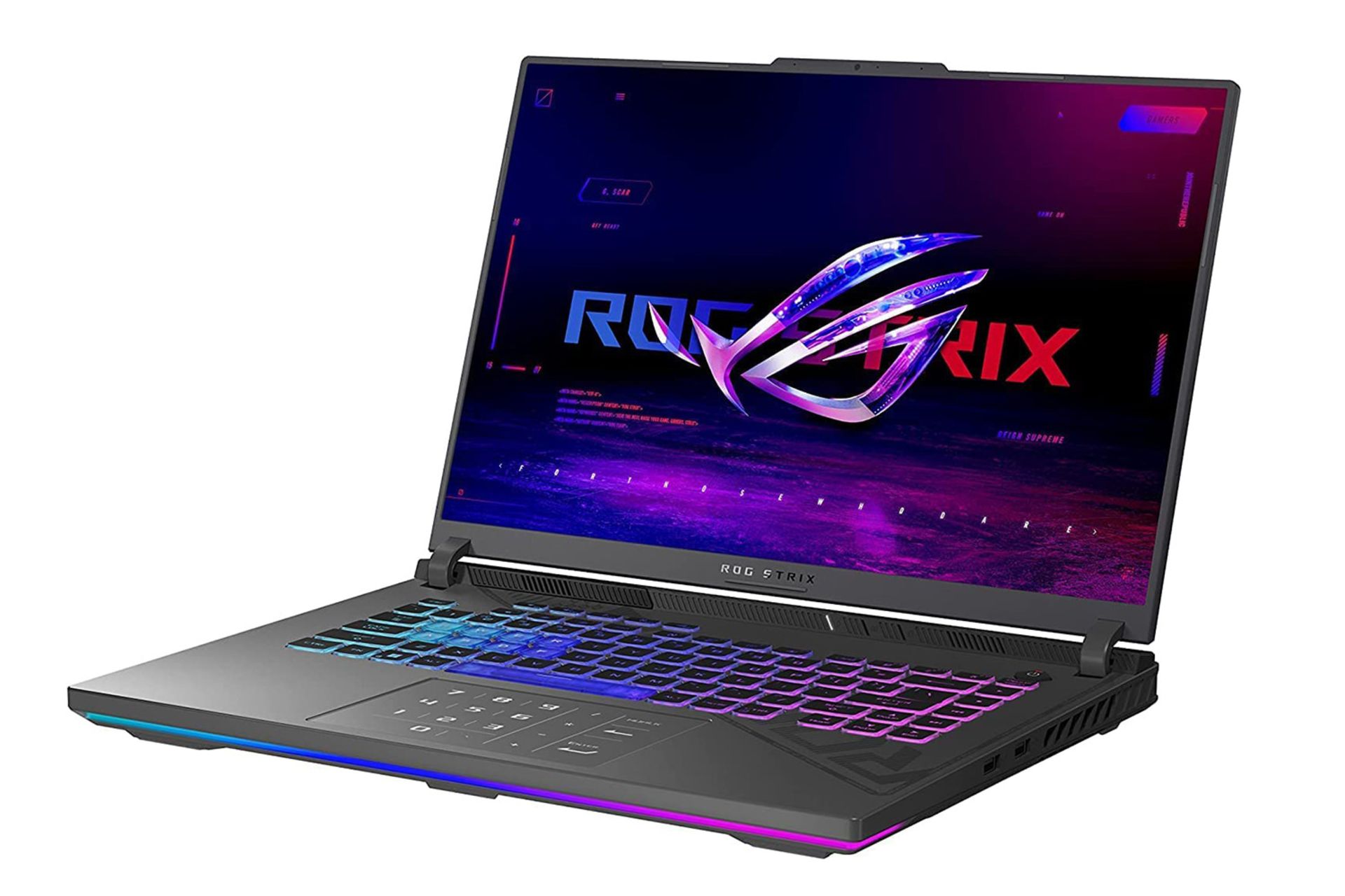 نمای نیمرخ لپ تاپ ایسوس ASUS ROG Strix G16 G614JV با نمایش نورپردازی و درگاه های لبه سمت راست