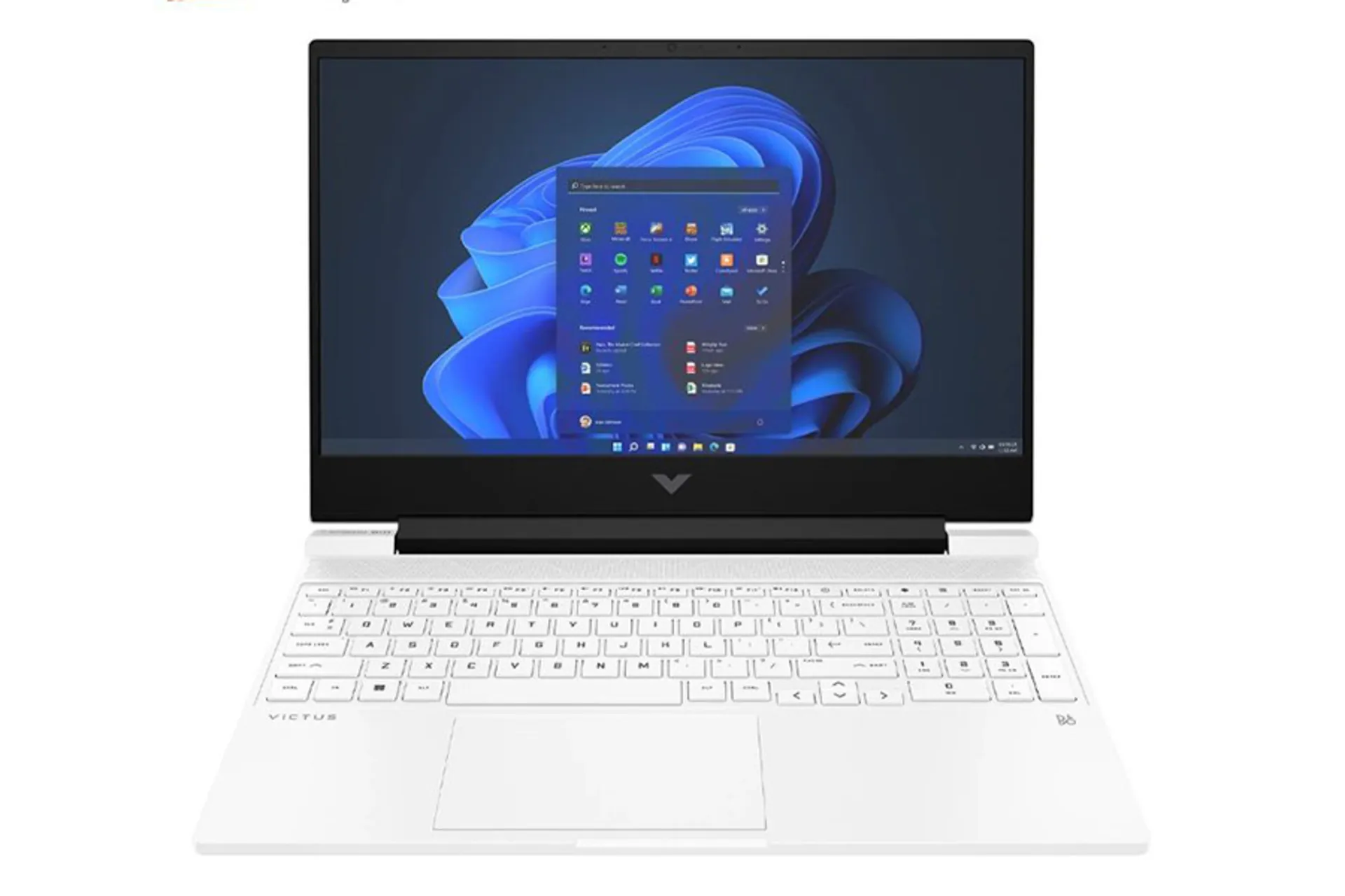 نمای روبه‌روی لپ تاپ اچ پی HP Victus 15 FA1040NE با صفحه نمایش روشن و نمایش کیبورد و ترک‌پد رنگ سفید