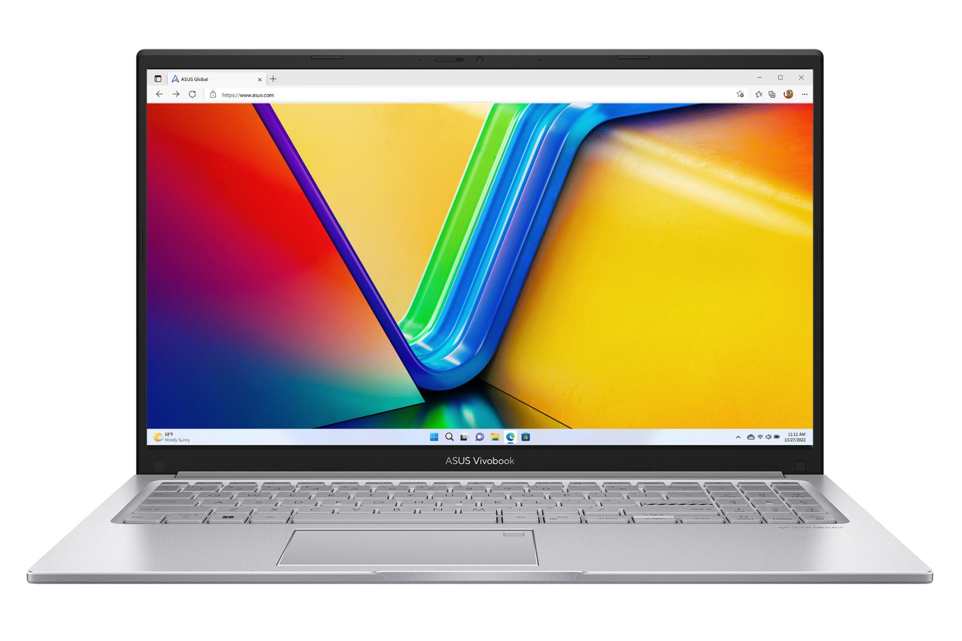 نمای جلوی لپ تاپ ایسوس ASUS VivoBook 15 X1504ZA در حالت باز با صفحه نمایش روشن رنگ نقره‌ای