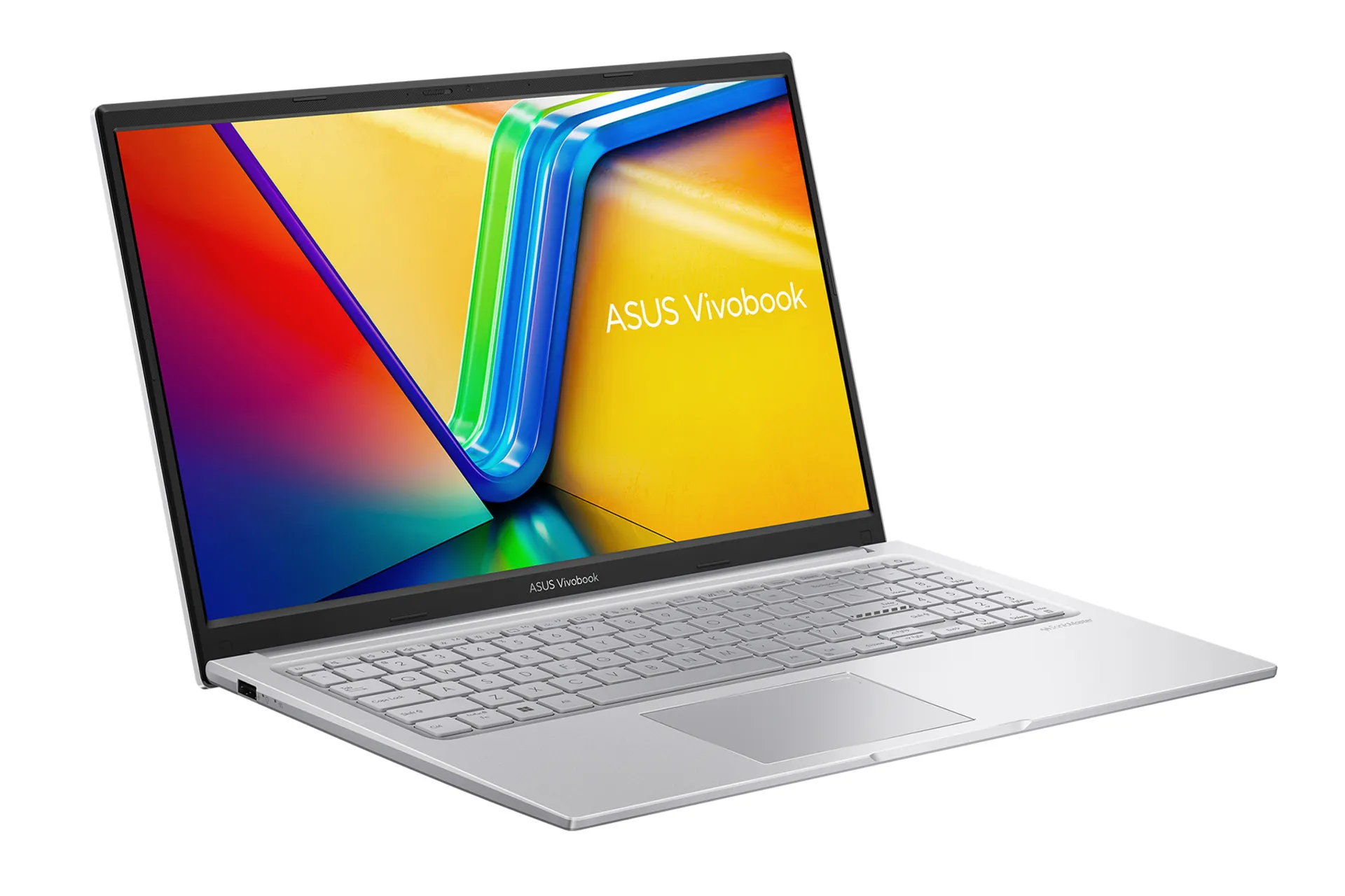 نمای نیمرخ چپ لپ تاپ ایسوس ASUS VivoBook 15 X1504ZA در حالت باز و نمایش پورت‌های لبه سمت چپ رنگ نقره‌ای