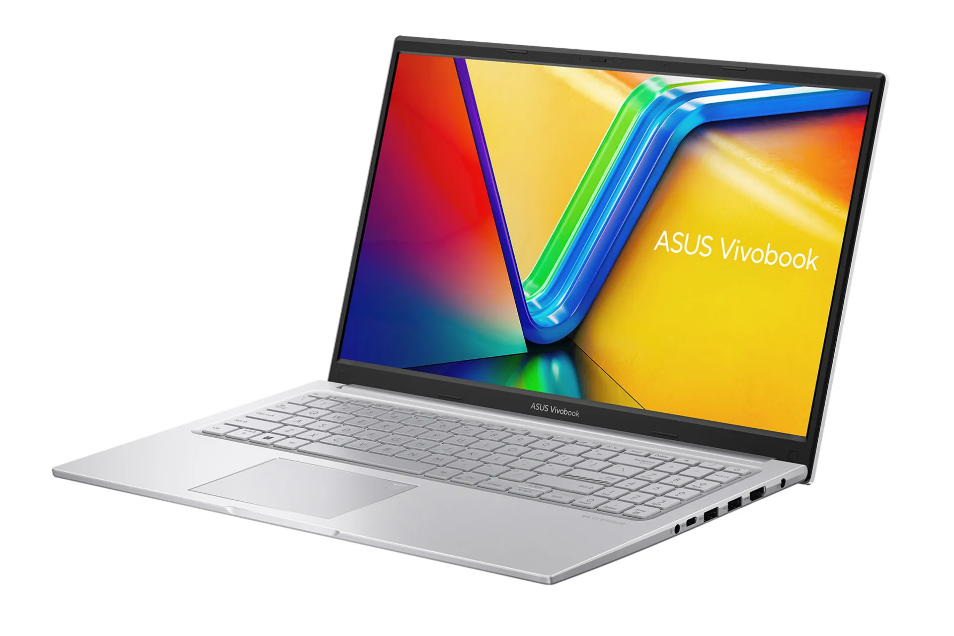 نمای نیمرخ راست لپ تاپ ایسوس ASUS VivoBook 15 X1504ZA در حالت باز و نمایش پورت‌های لبه سمت راست رنگ نقره‌ای