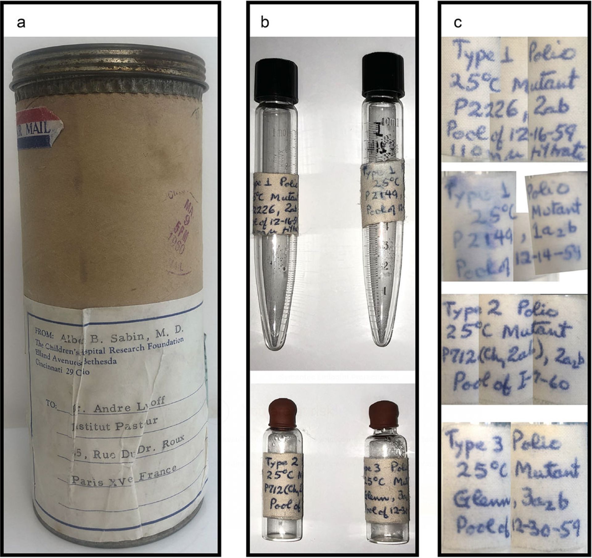 چهار سویه ویروس فلج اطفال در ویال با برچسب دست نویس که آلبرت سابین در سال ۱۹۶۰ به انستیتو پاستور فرستاد