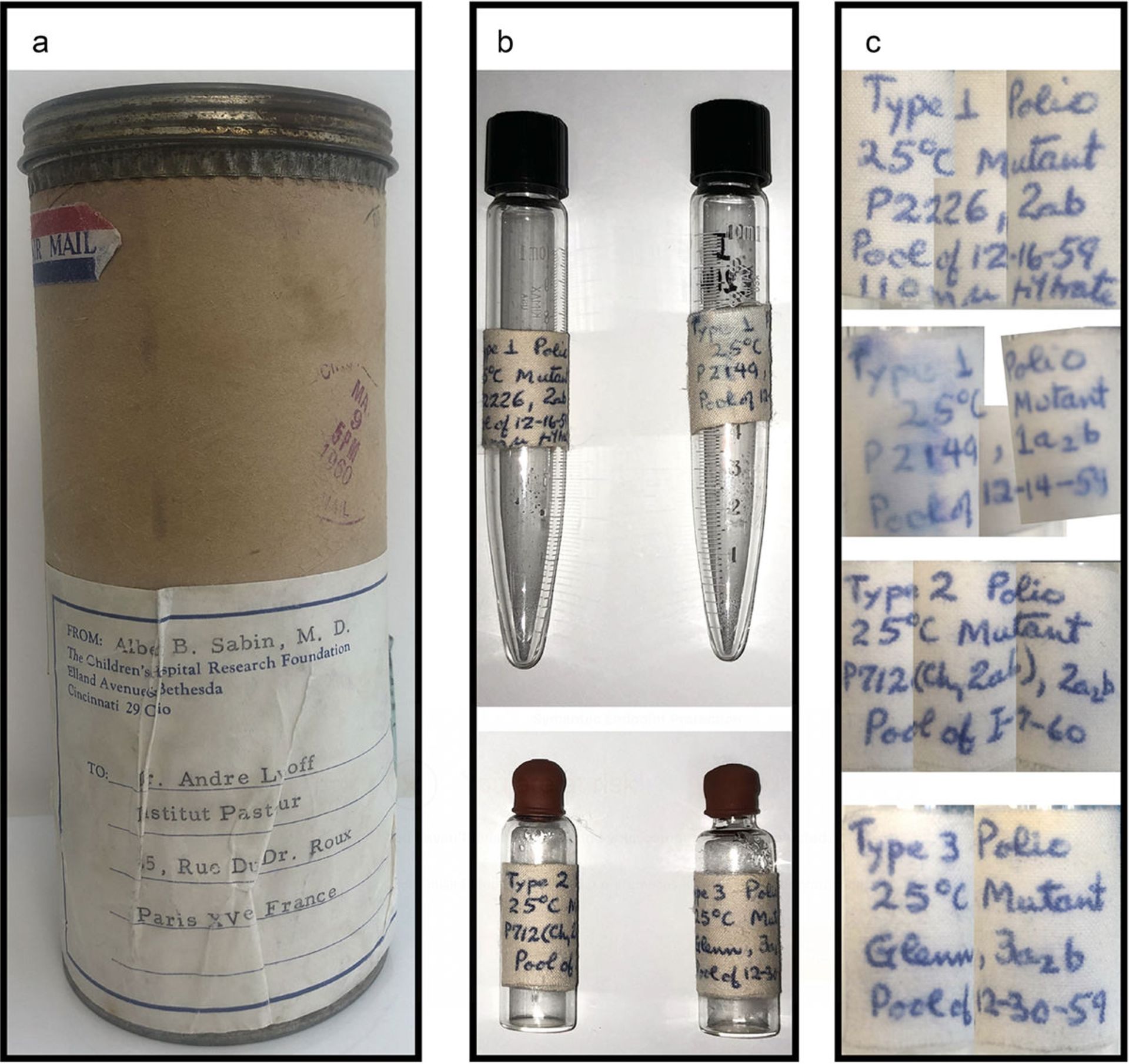 چهار سویه ویروس فلج اطفال در ویال با برچسب دست نویس که آلبرت سابین در سال ۱۹۶۰ به انستیتو پاستور فرستاد