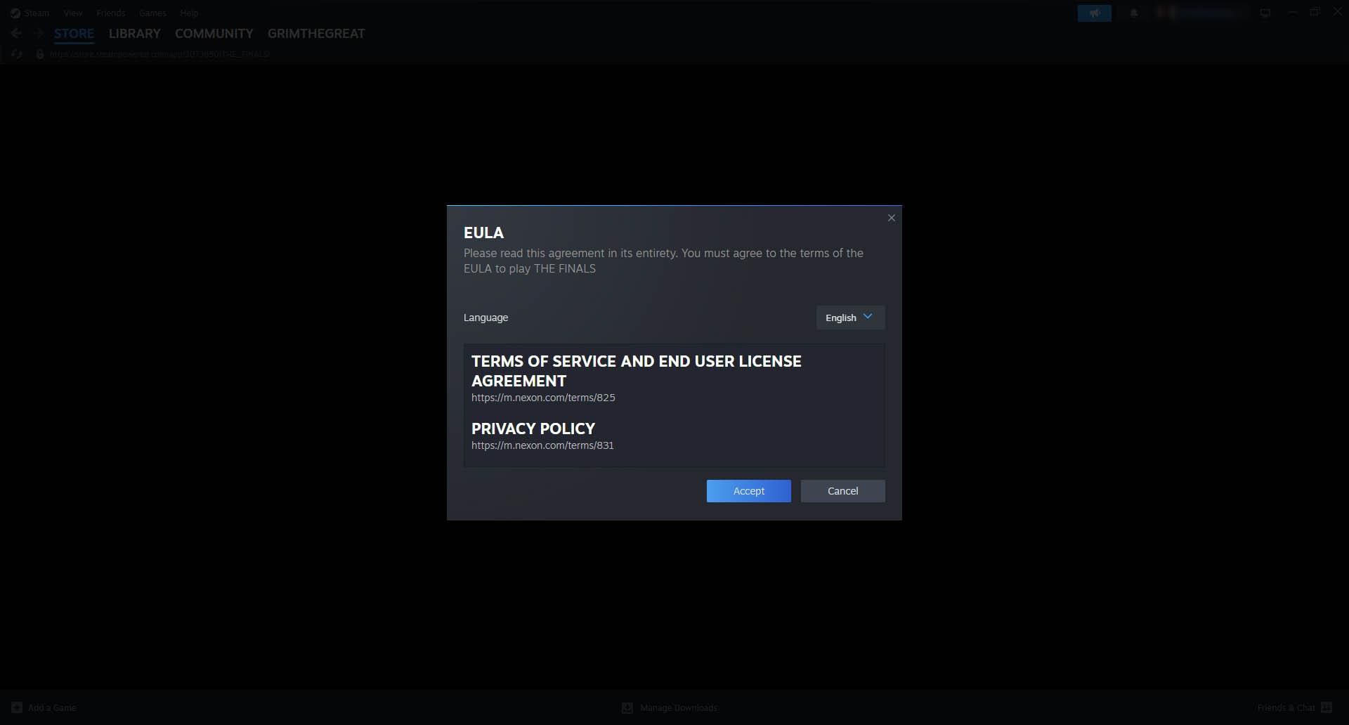 The window for agreeing to the rules for installing the game on Steam