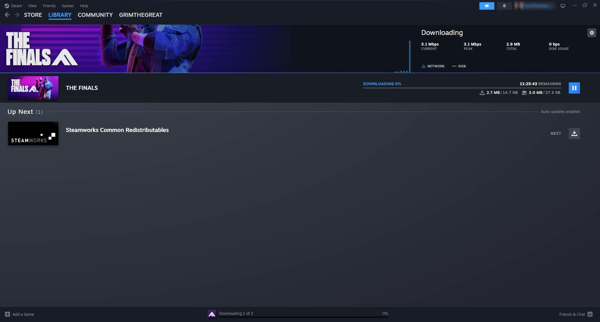 The Steam Downloads window where The Finals is downloading