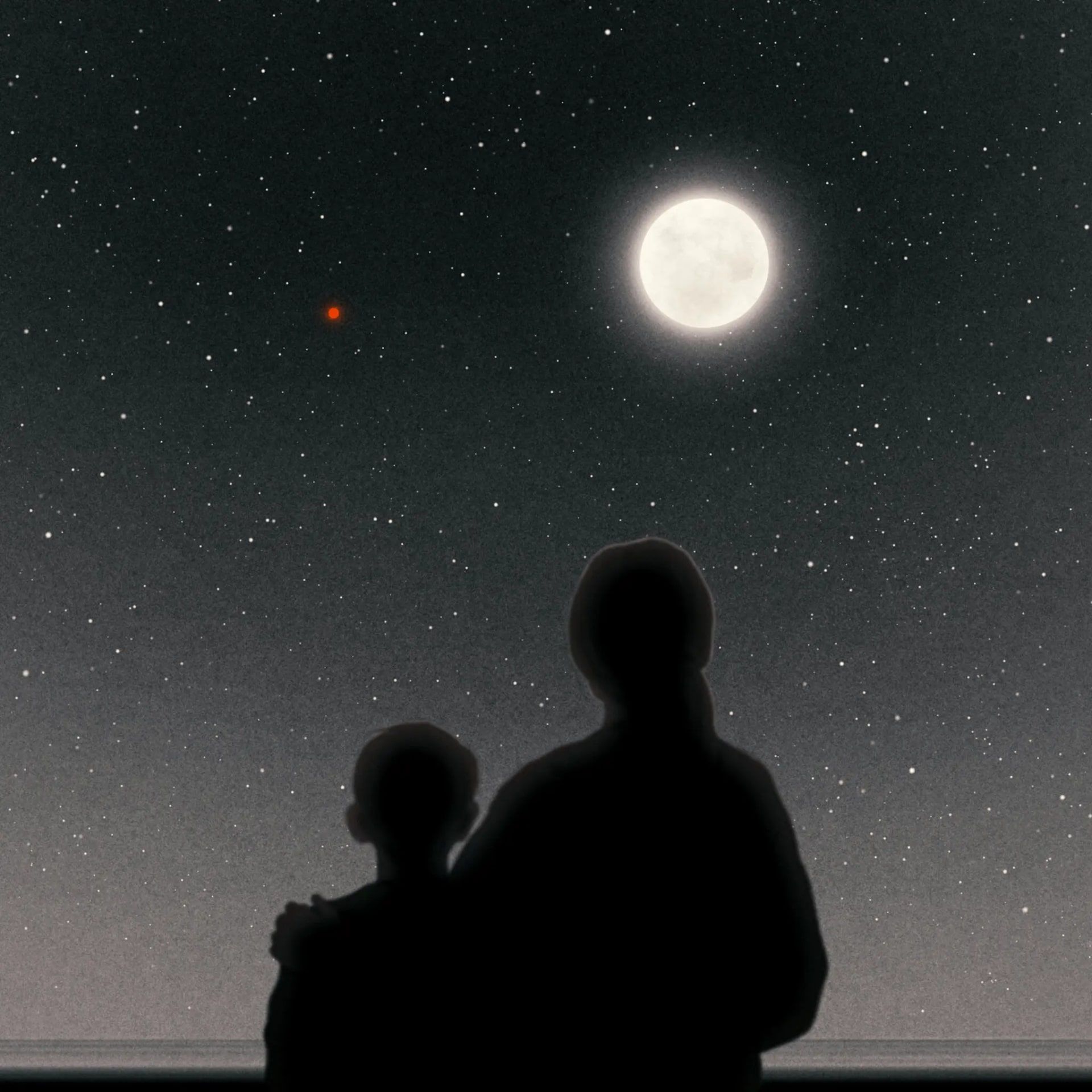 Mother and child watching the moon and Mars in the night sky
