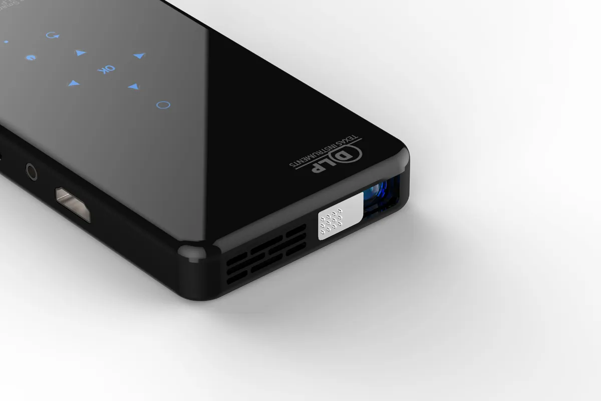 Side view of the black pocket projector