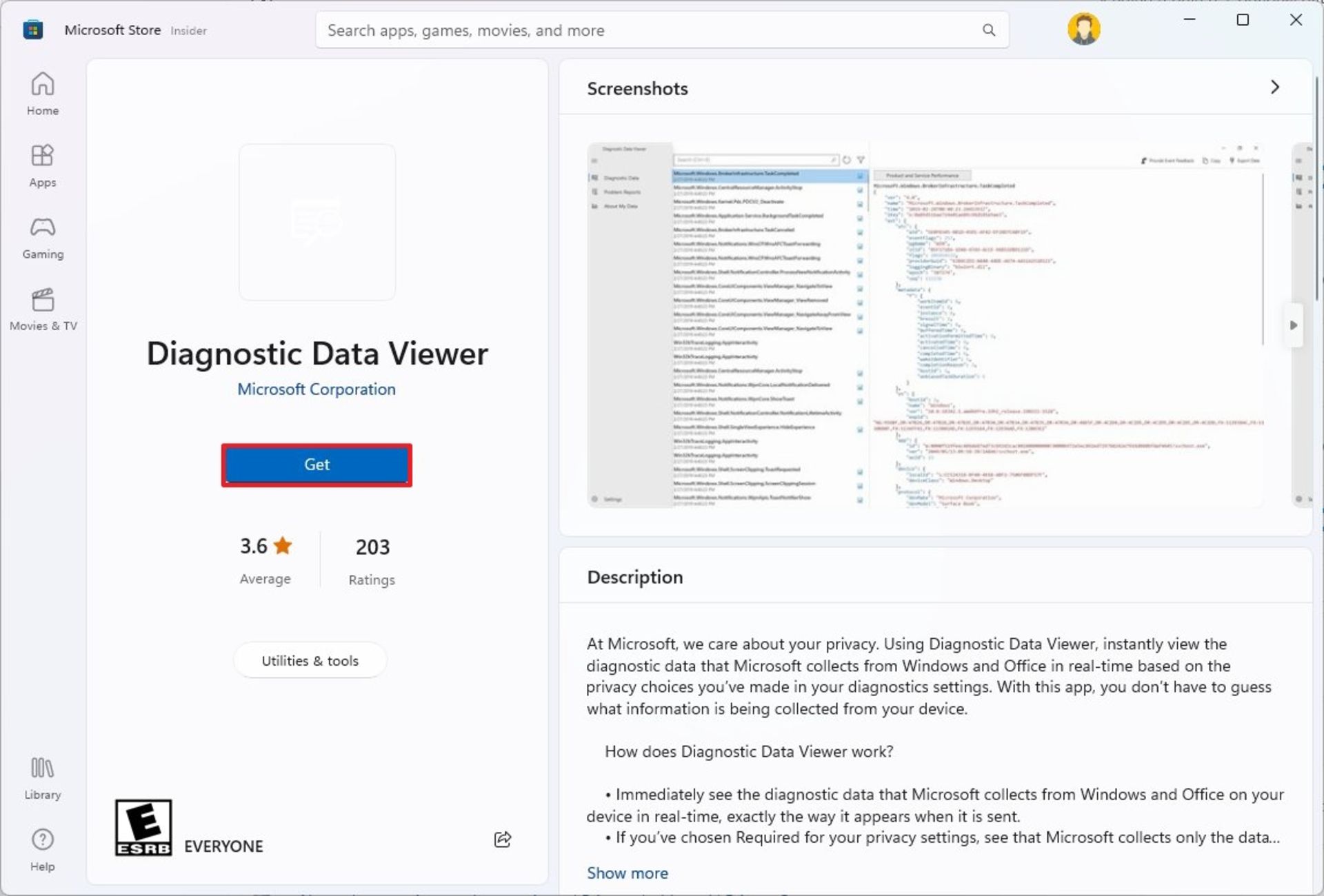 مایکروسافت استور دانلود برنامه Diagnostic Data Viewer