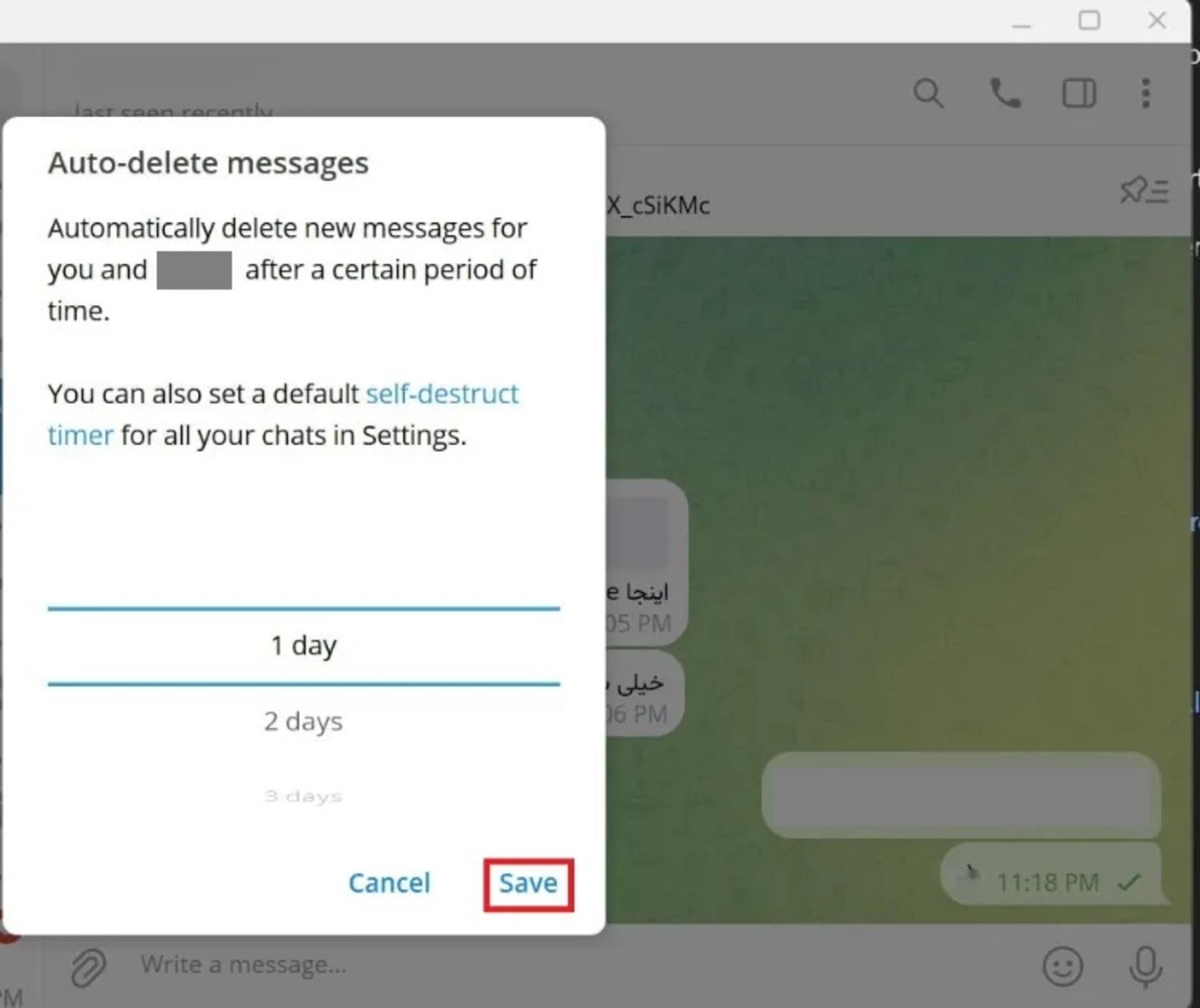 حذف خودکار پیام در تلگرام دسکتاپ