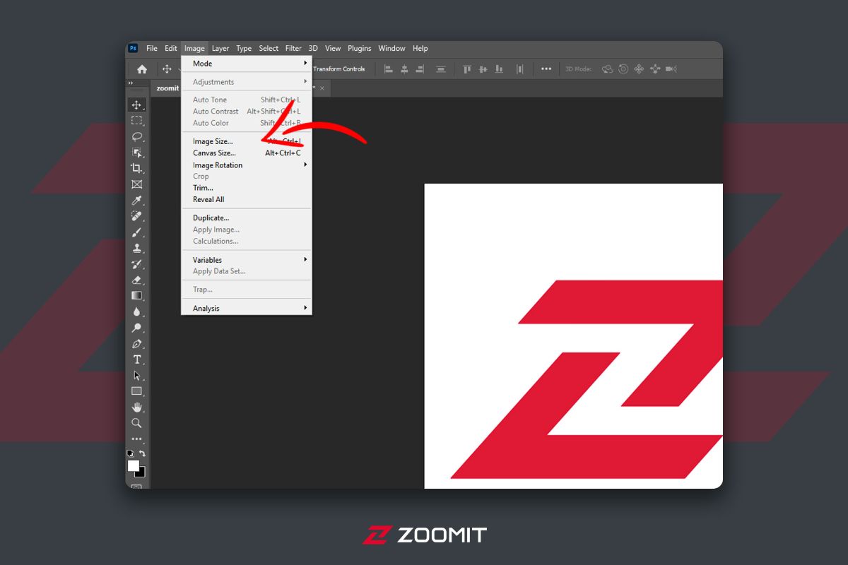 Red arrow on Image Size option in Photoshop