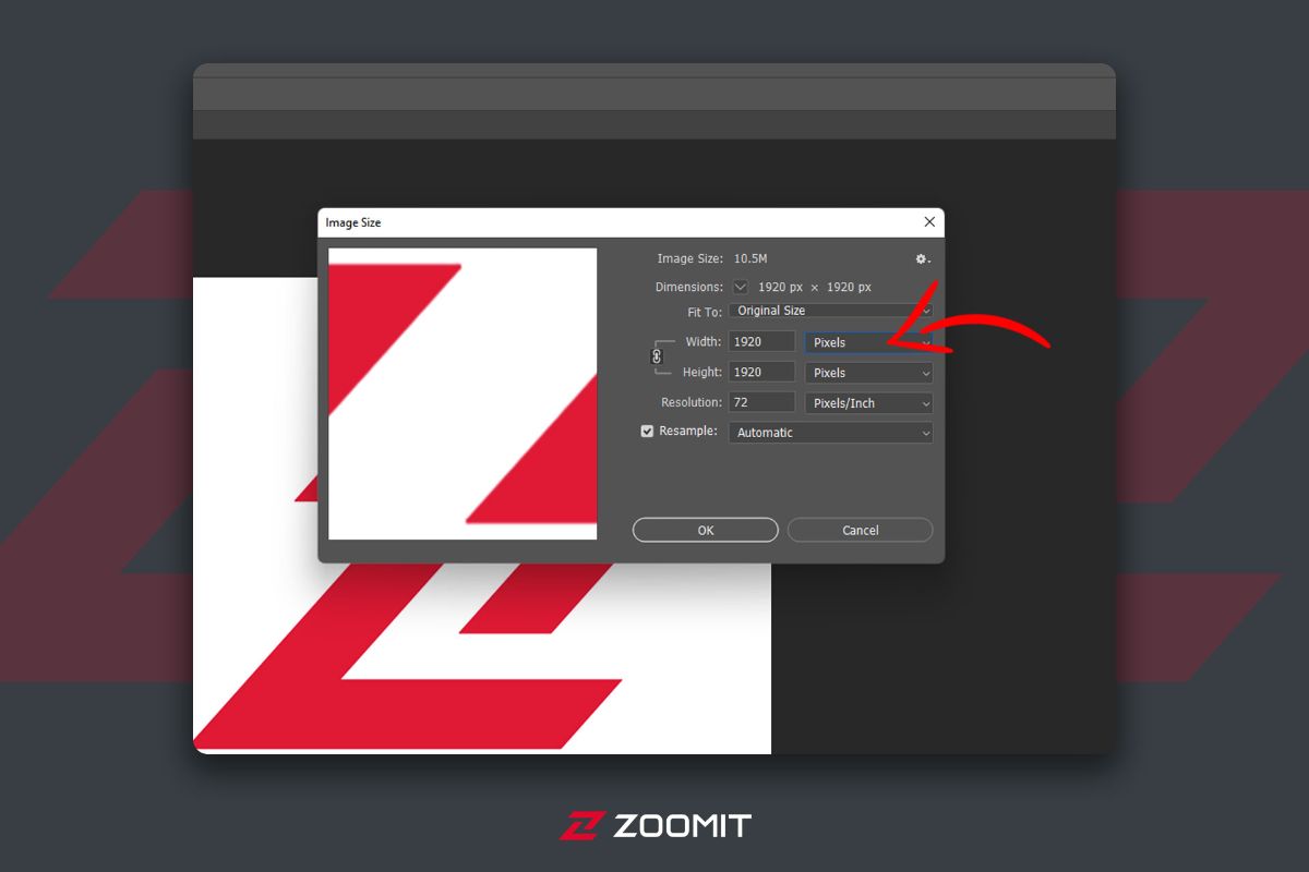 Red arrow on different sizes in Photoshop size window