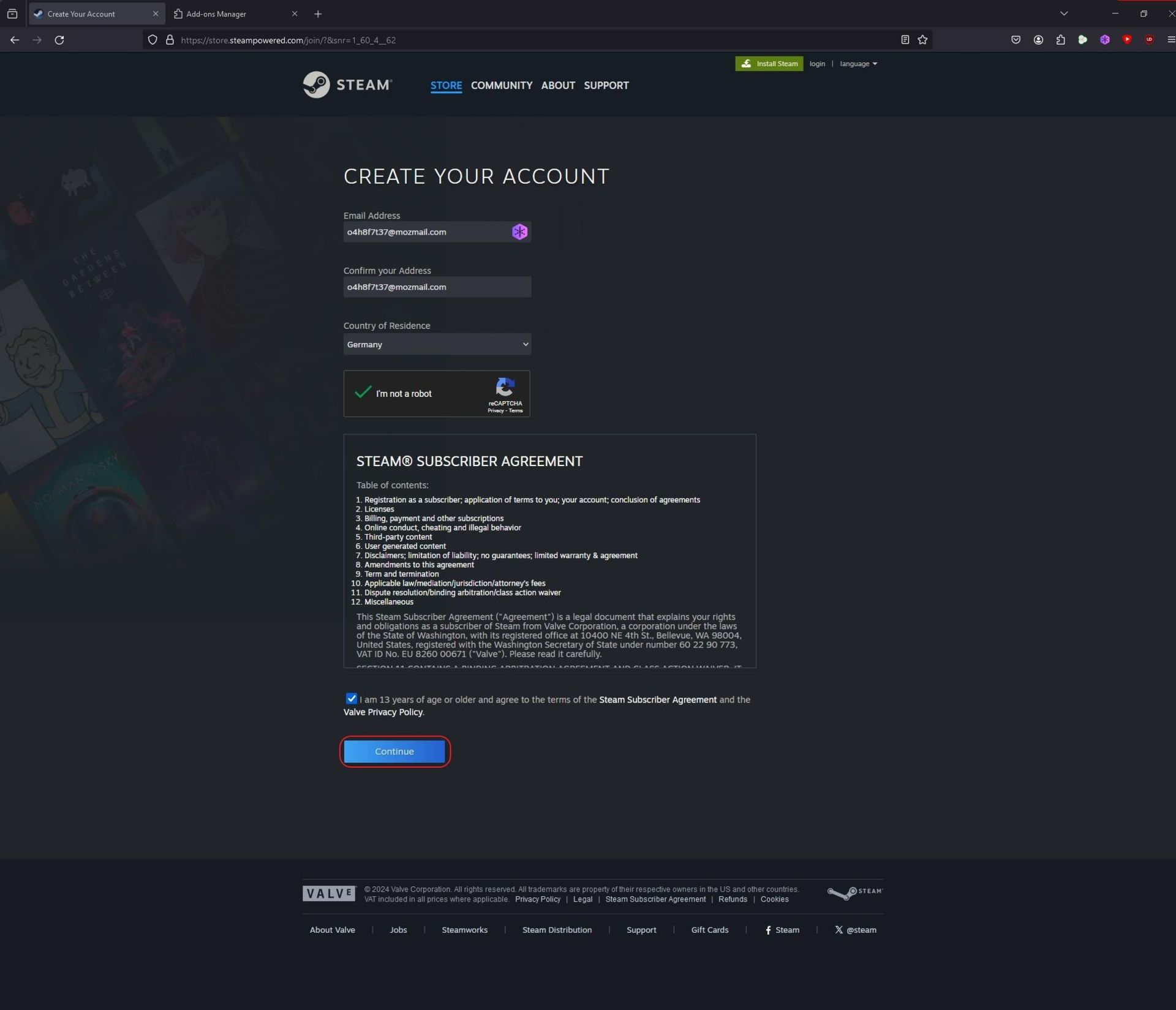 The Steam registration page, the email and repeat fields are filled in, the captcha is solved, and the I am over 13 years old option is checked.