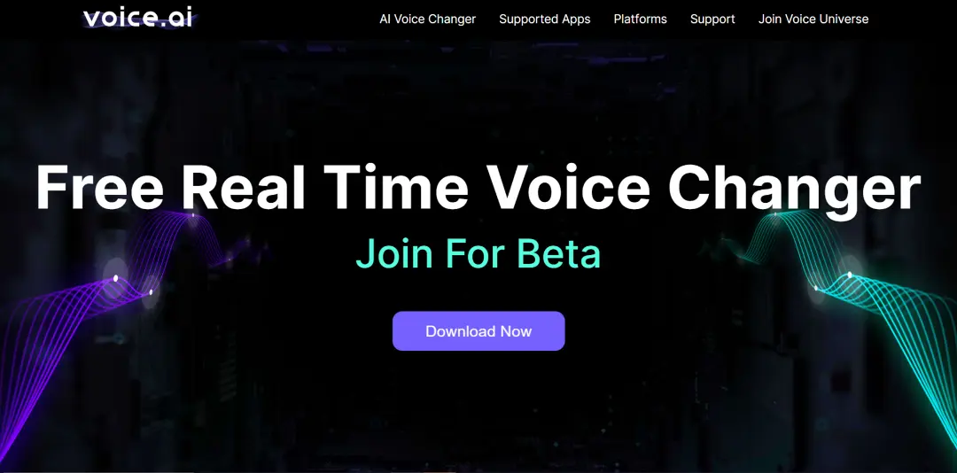 صفحه اصلی سایت Voice.ai با پس زمینه مشکی و متن سفید