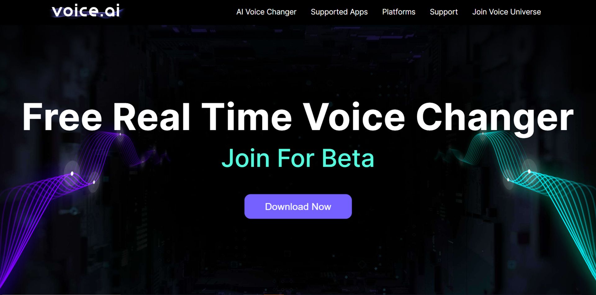 صفحه اصلی سایت Voice.ai با پس زمینه مشکی و متن سفید