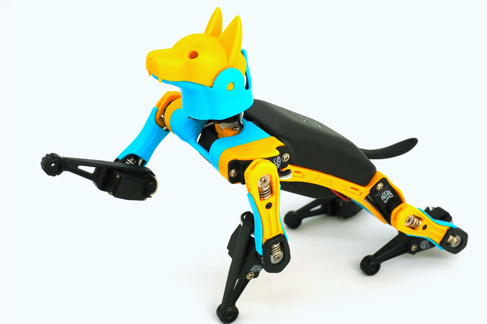 سگ رباتیک Buddy به رنگ مشکی زرد و آبی در حال که دست راستش بالا است