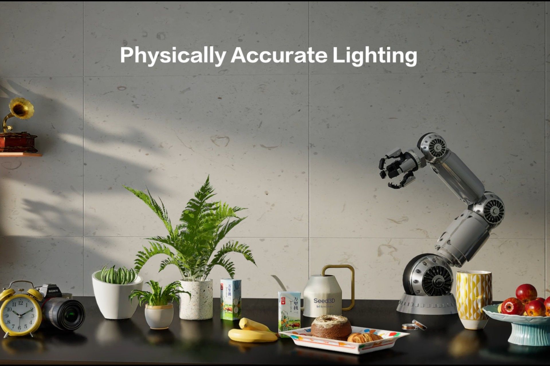 یک ربات، کتری برقی در کنار چند وسیله روی میز