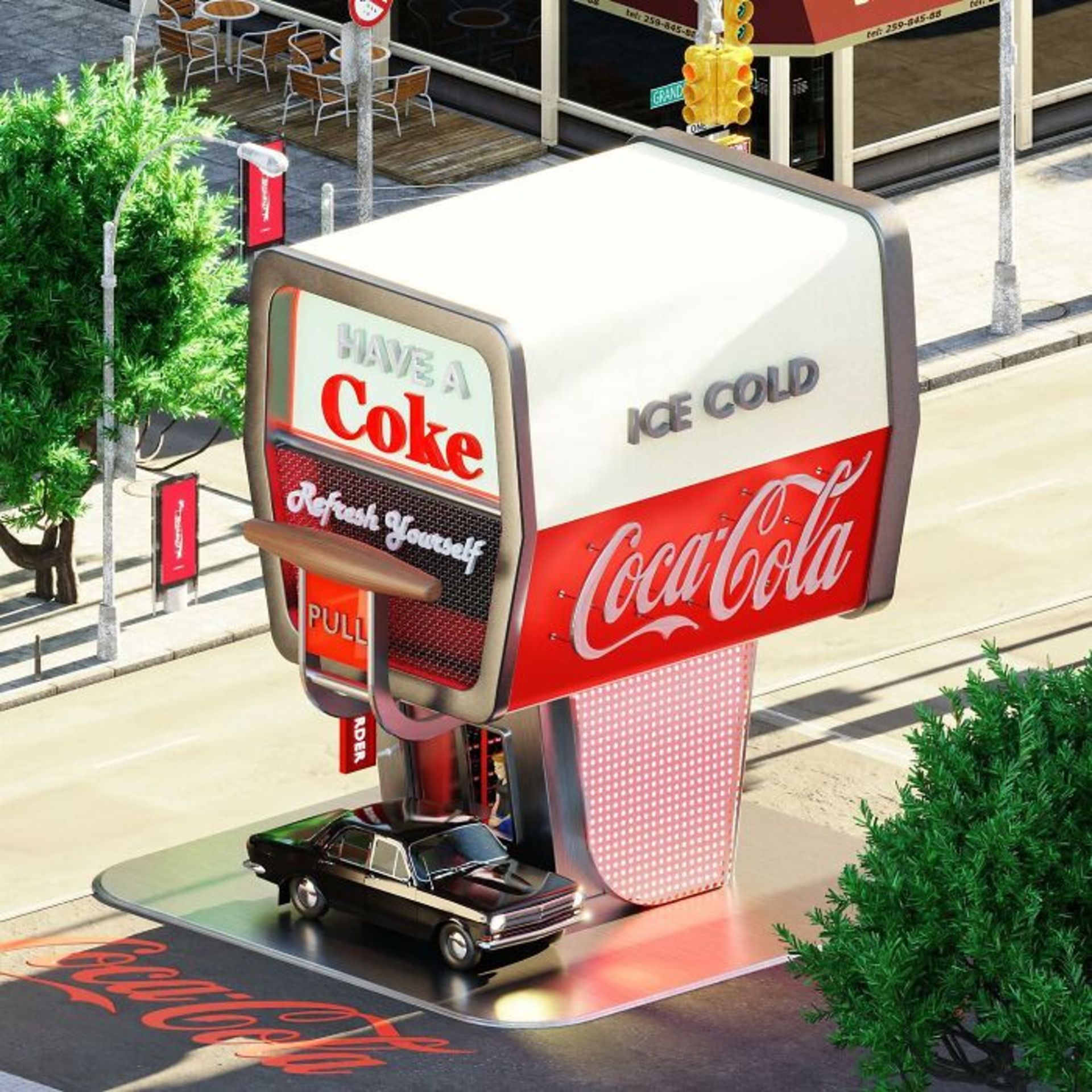 مغازه کوچک کوکا کولا وسط خیابان ماشین مشکی