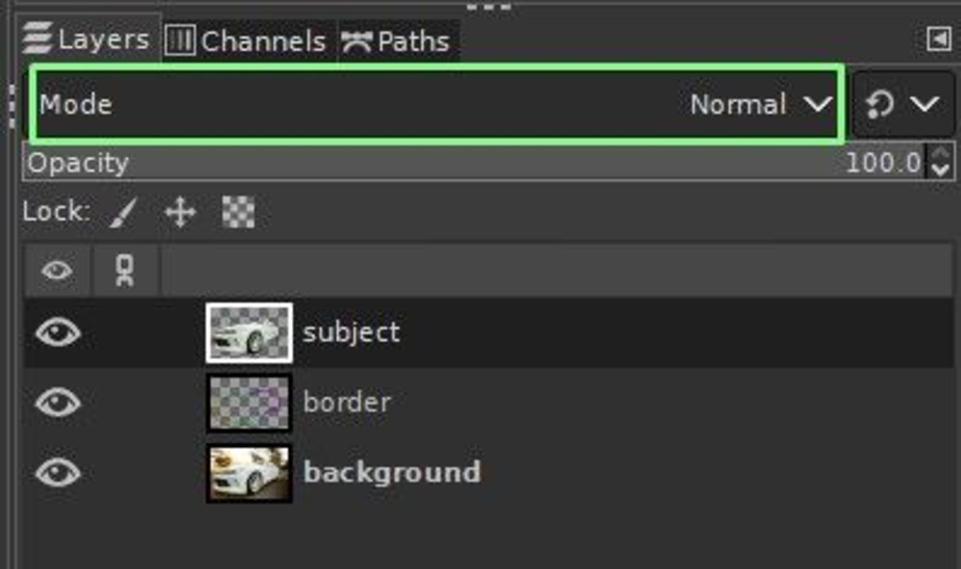 منوی کشویی Mode برای تغییر محتویات لایه