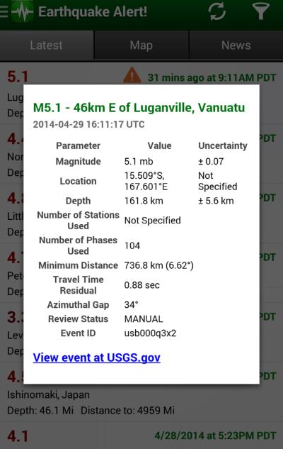 Detailed information of a specific earthquake written in a separate menu