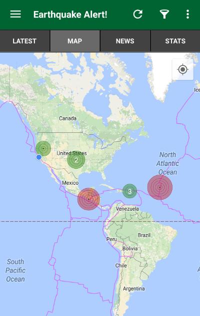 The earthquakes that have occurred are displayed on a map
