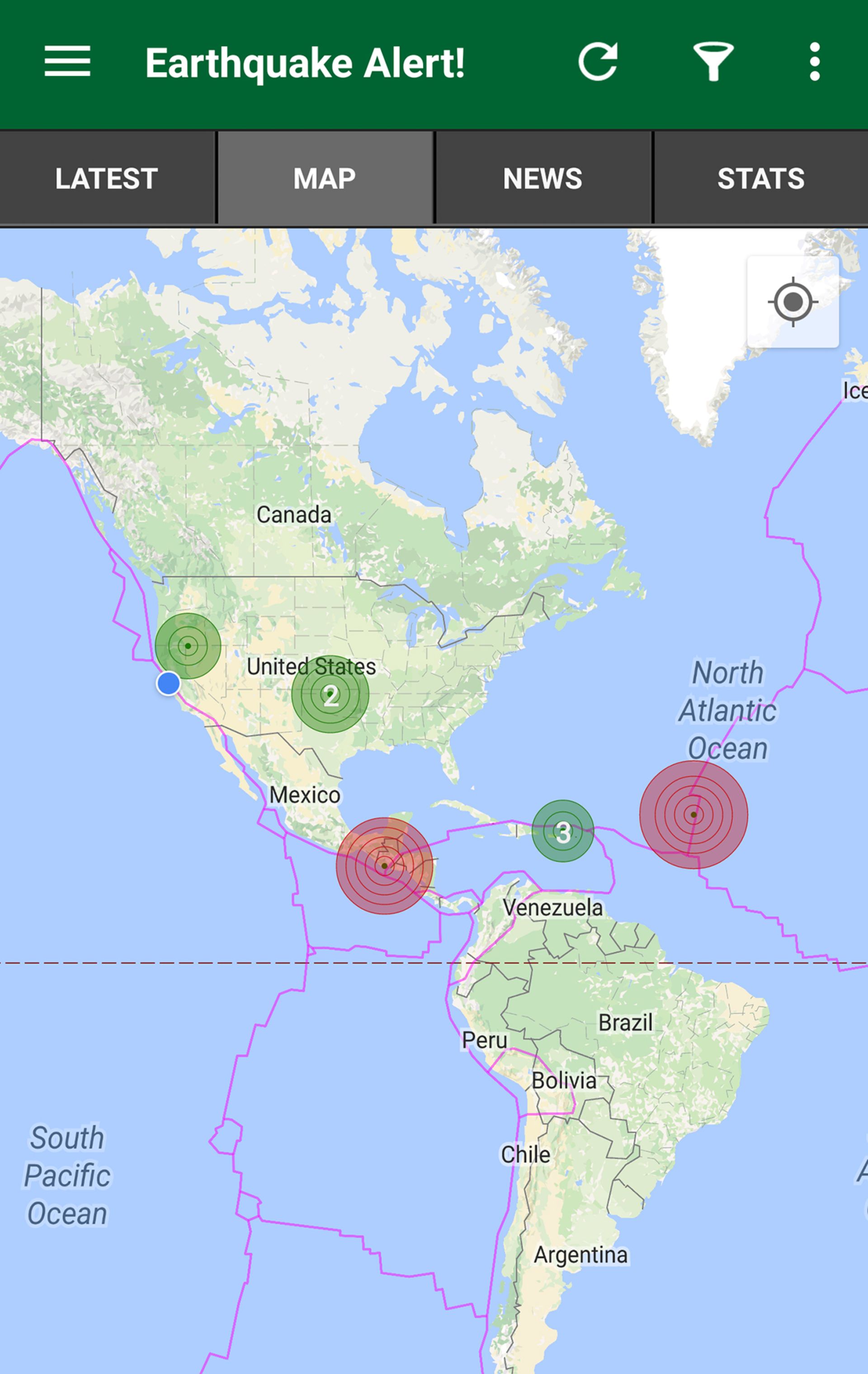 زلزله های رخ داده که روی نقشه ای به نمایش درآمده‌اند