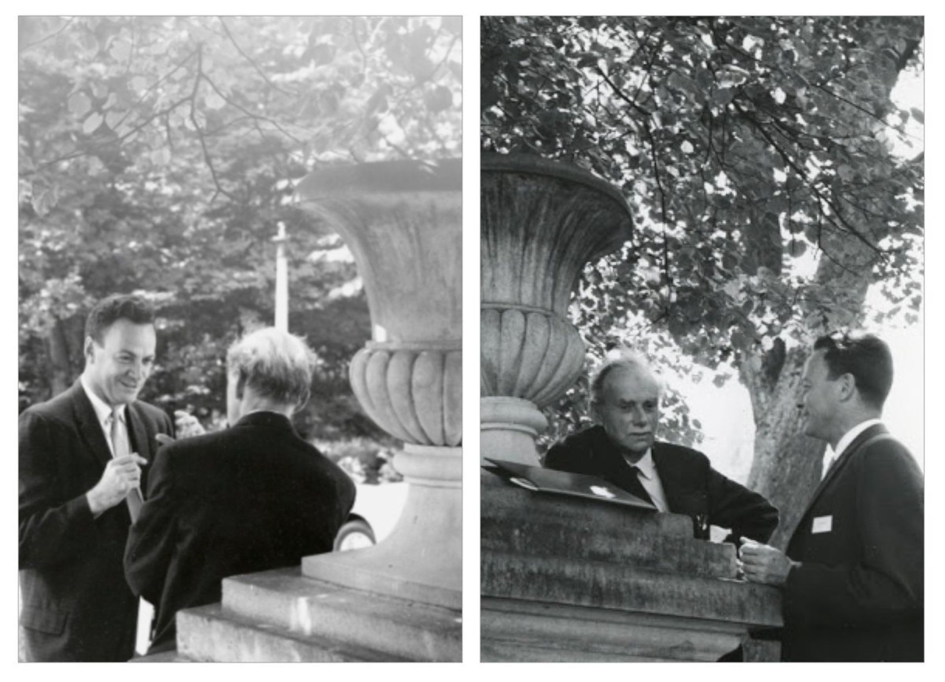 پل دیراک و ریچارد فاینمن، در حال گفتگو در یک کنفرانس فیزیک گرانشی، لهستان، حدود سال ۱۹۶۳