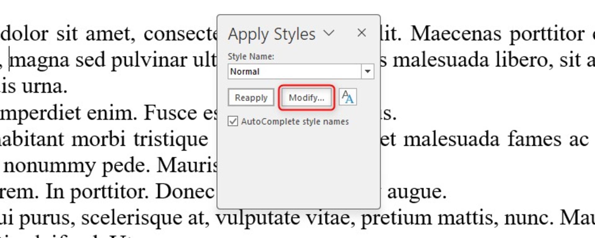 پنجره‌ی Apply Styles و کلیک روی گزینه‌ی Modify