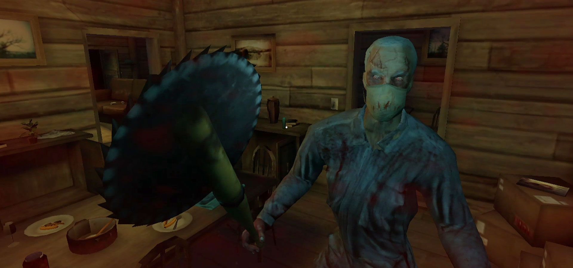 فردی با چشمان خونی و سلاح سردی در دست در کلبه ای چوبی