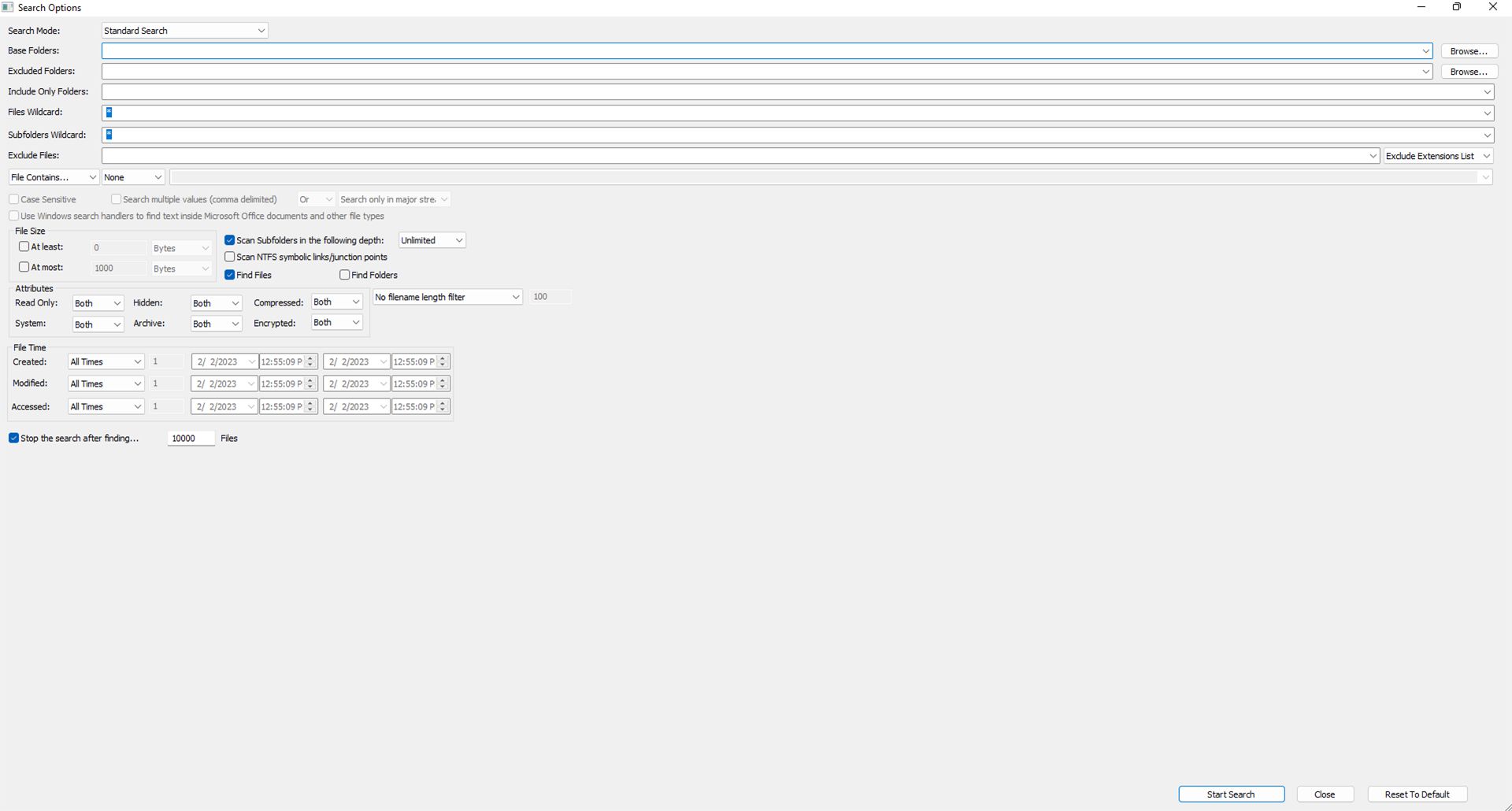 اسکرین شات محیط نرم افزار SearchMyFiles و گزینه های مختلفش